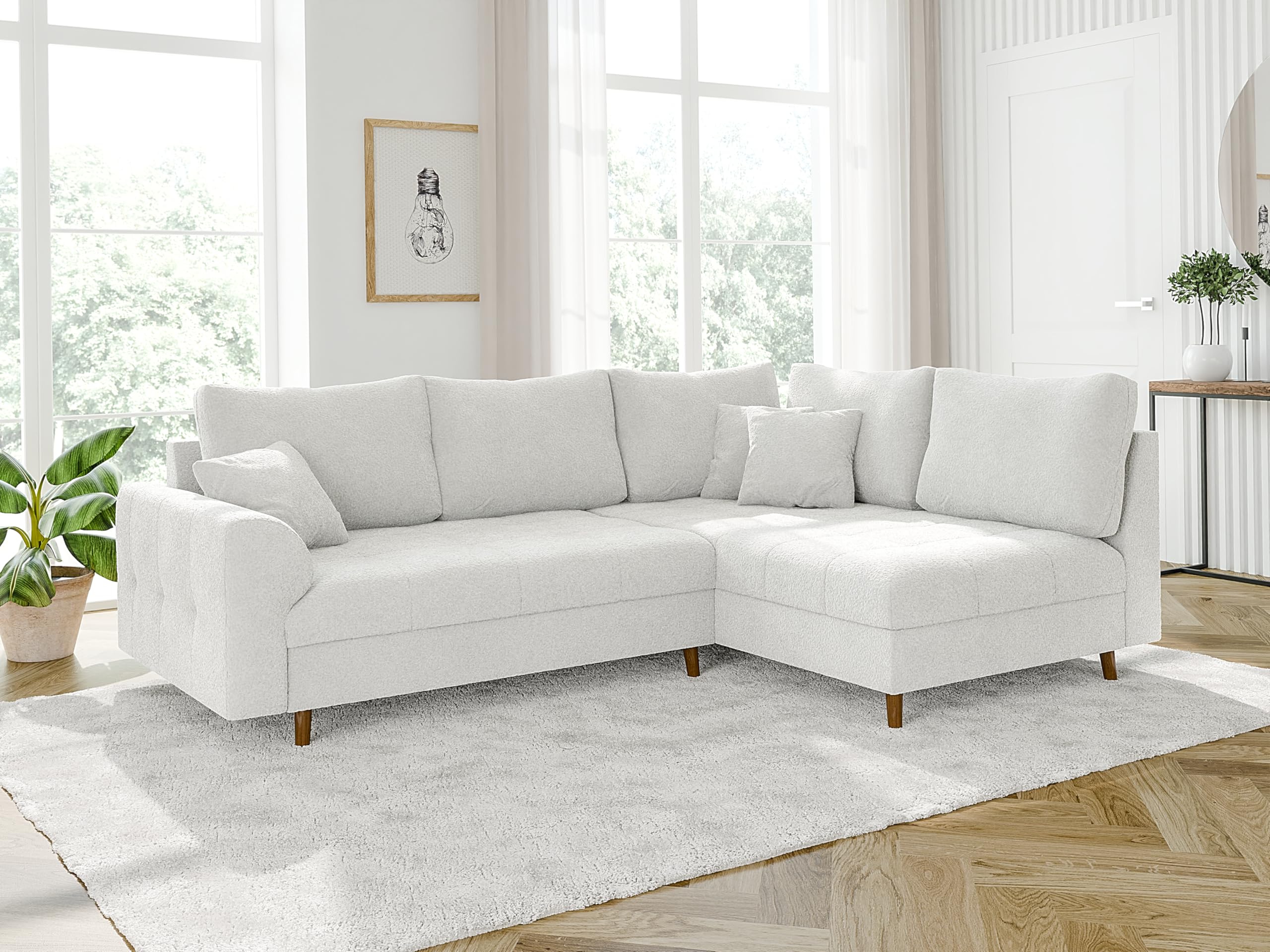 Ecksofa Eckcouch Sofa Couch 4 Sitzer Kratzfest Freistehend Rechts Massivholzfüße Braun Boucle Stoff Erik Weiß