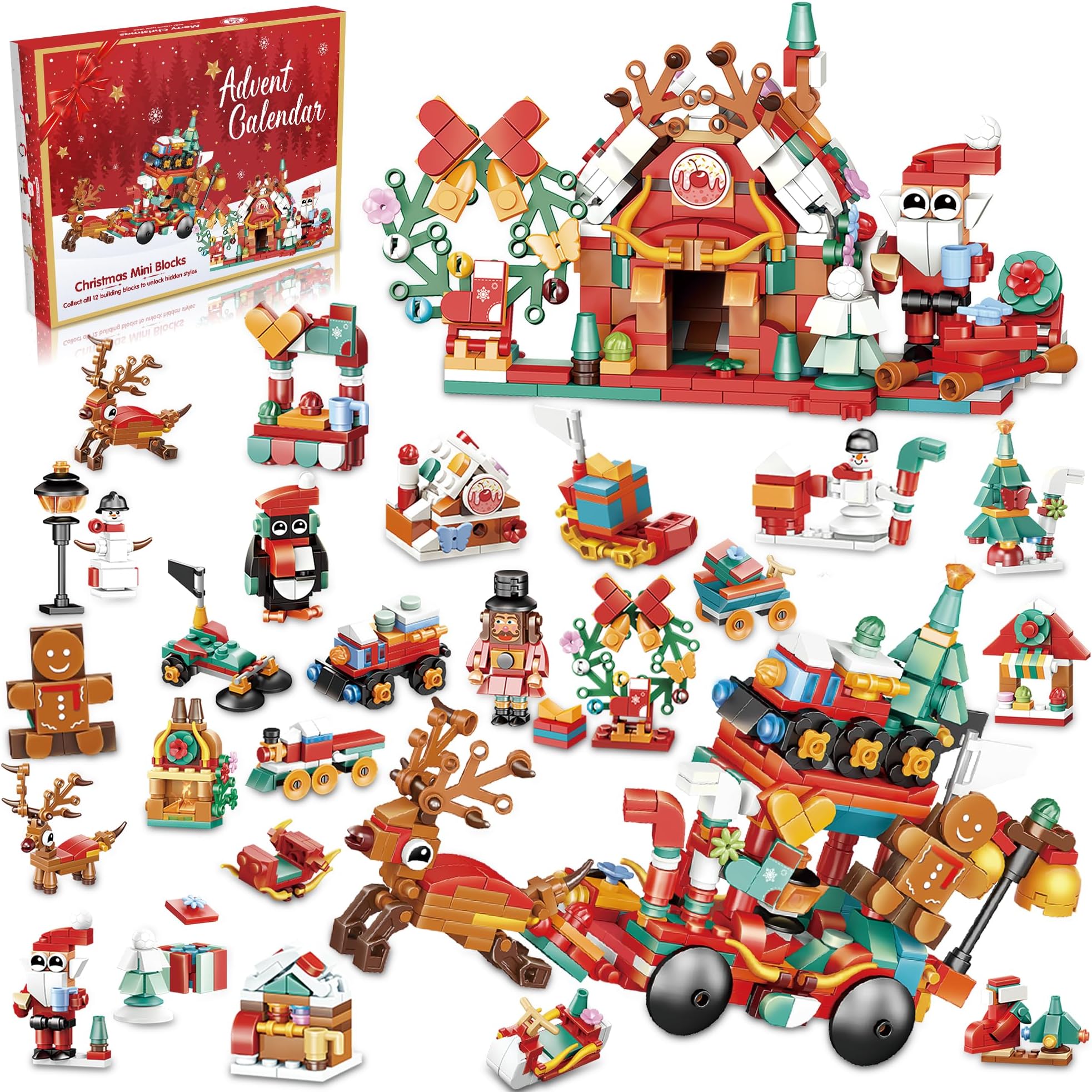 EUG-PRODUCTS Christmas Advent Calendar for Kids 2024 - Building Blocks, 24-Day Surprise Gift Box, Christmas Countdown Calendar for Girls and Boys, 12-in-1 Tree House Building Block Toy Set