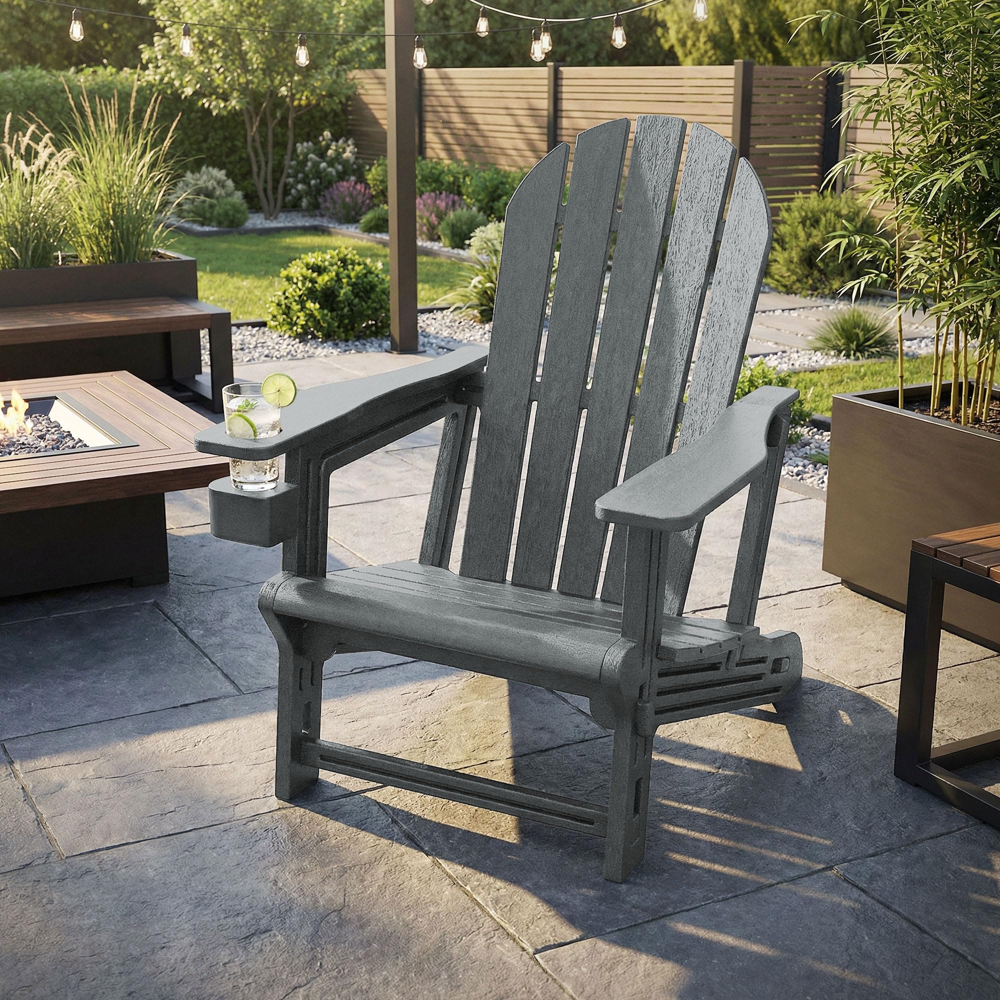 ML-Design Silla Adironack con Portavasos, Gris, Sillón de Jardín de Plástico con Aspecto de Madera, Mecedora Resistente a la Intemperie, Asiento con Respaldo, Tumbona de Exterior Mueble para Patio