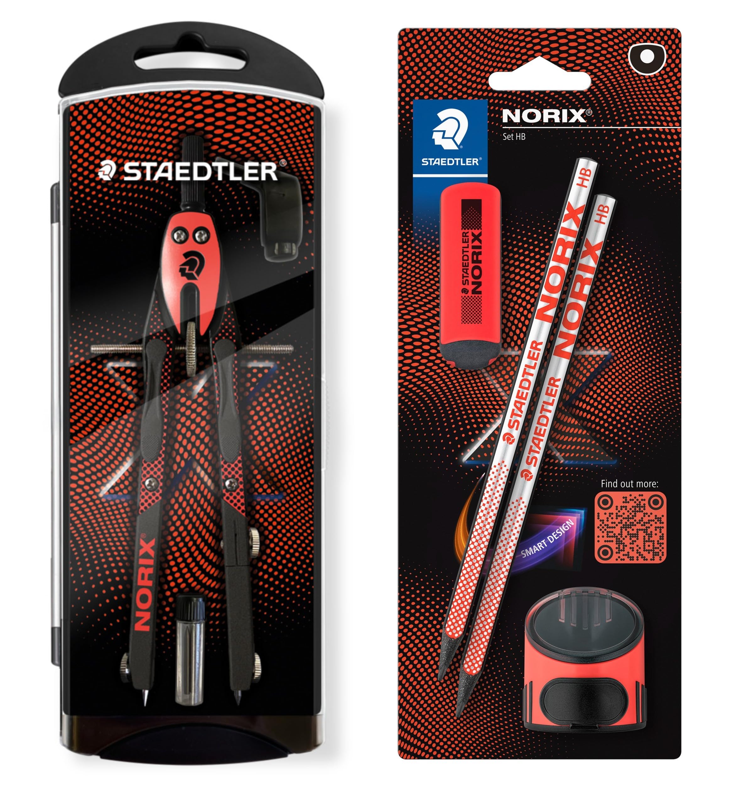 STAEDTLER NORIX Set of Quick Adjustment Compasses, Blister Card with 2 HB Pencils, Eraser and Single Sharpener, Coral
