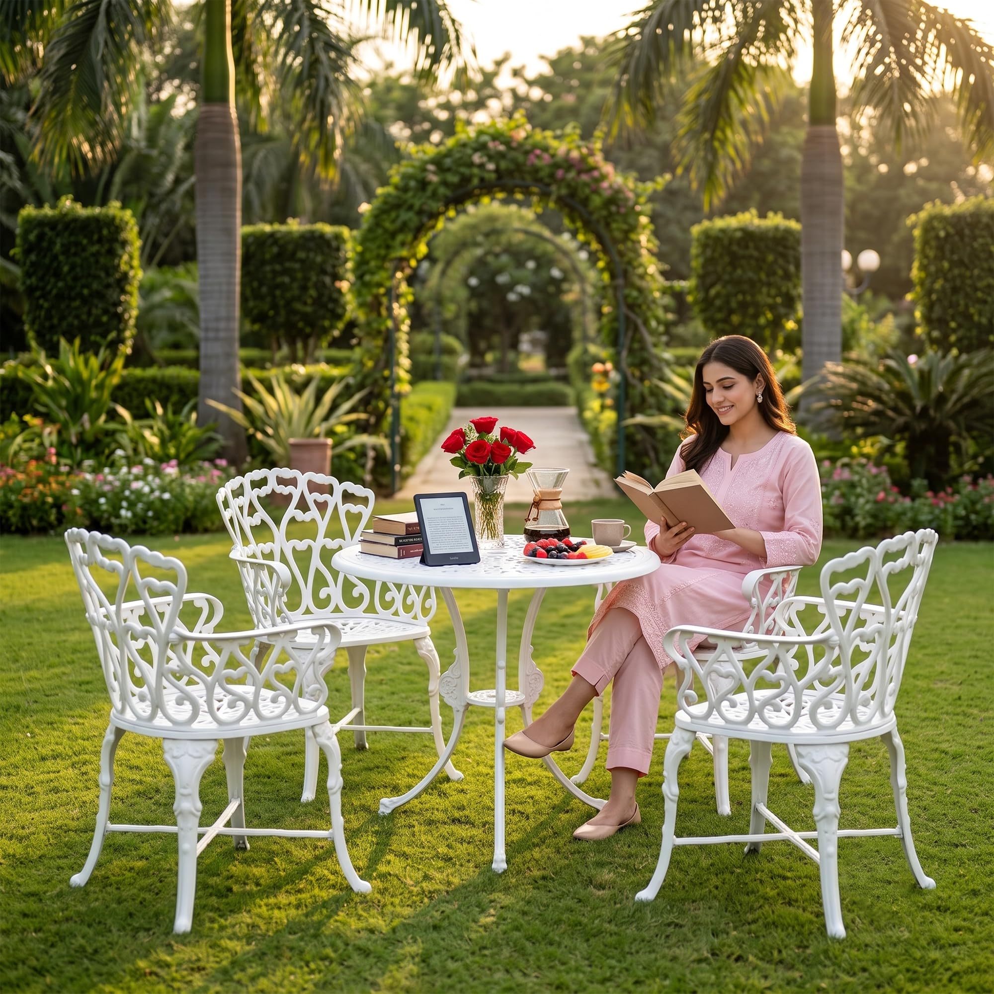 Cast Aluminium Garden Patio Seating Chair and Table Set for Balcony Outdoor Furniture with 1 Table and 4 Chair Set (White)-image-41