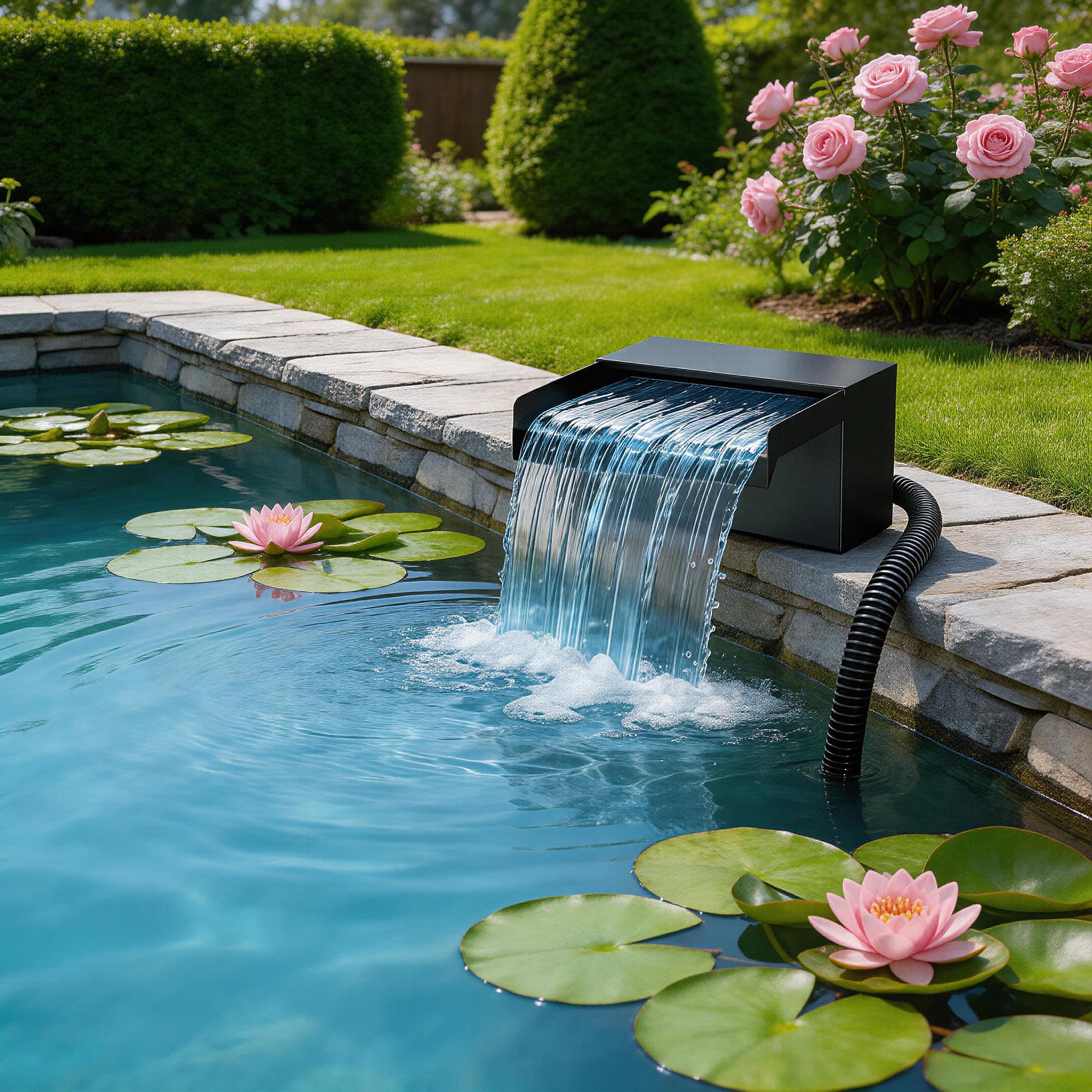 Biling 20 cm Edelstahl Wasserfall Set Komplett mit Pumpe und Filter 40W 2500L/H für Gartenteich Koiteich Schwimmteich Wasserspiel Garten Deko Wasserkaskade