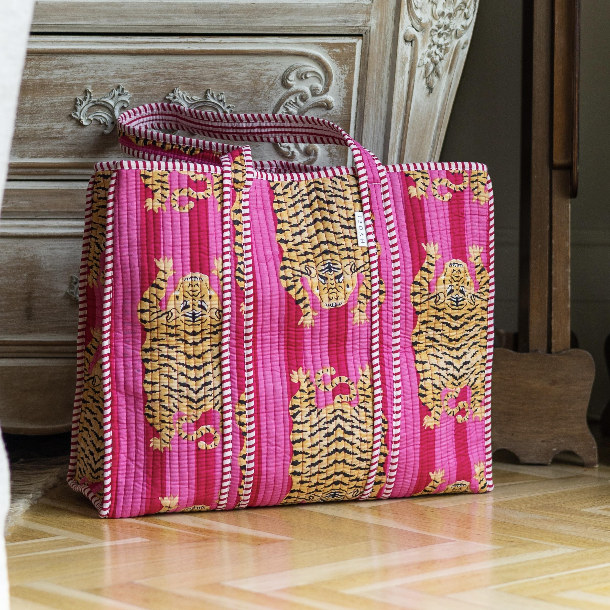 Handtasche aus Baumwolle mit Tigermuster, groß, gepolstert, handgefertigt