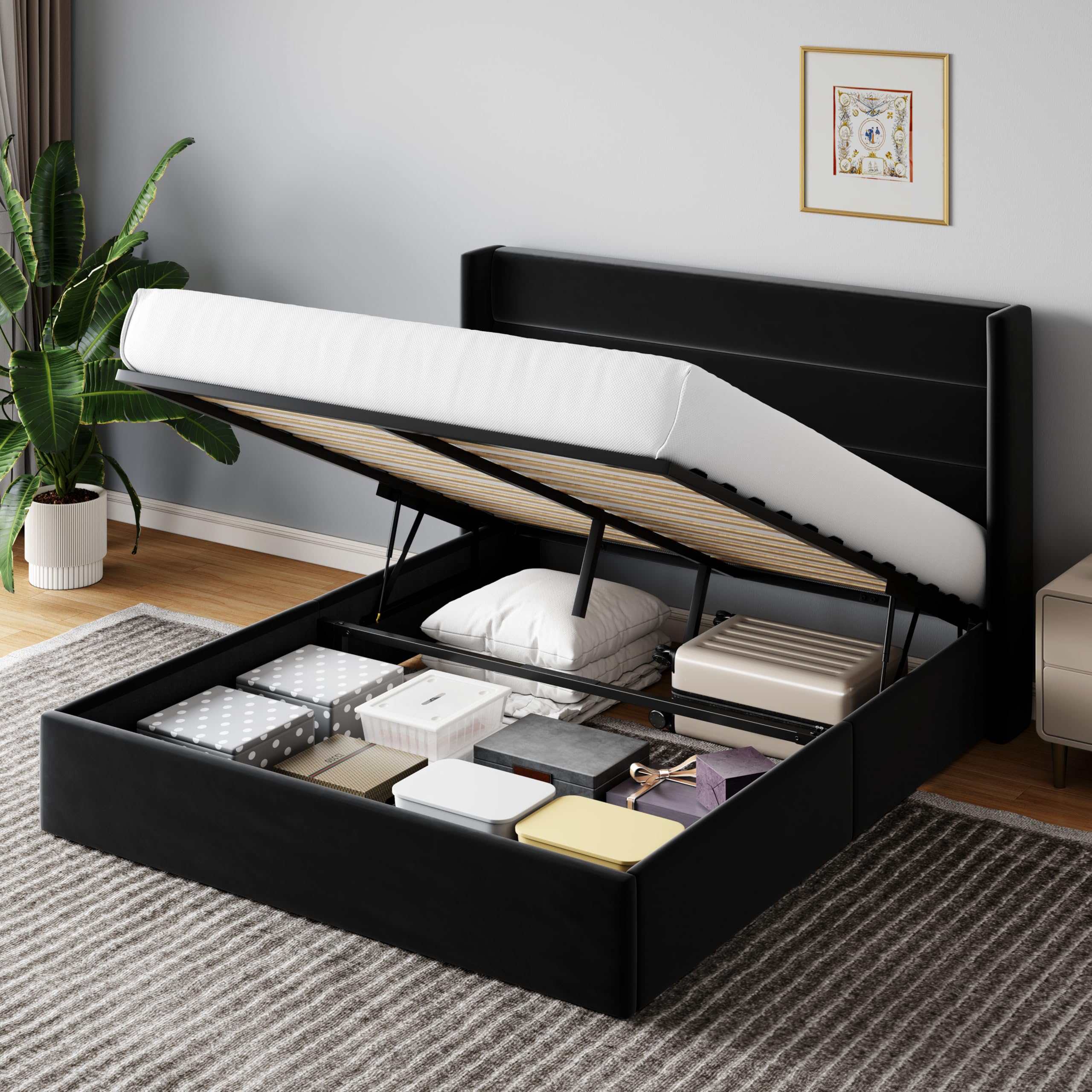 HOOMIC Queen Size Lift Up Storage Platform Bed Frame with Wingback Headboard