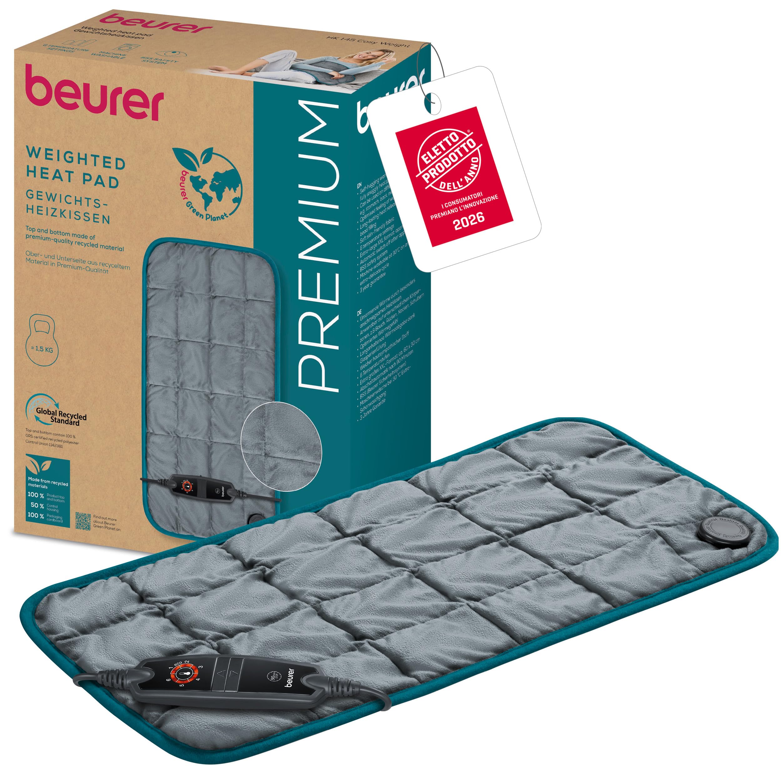 Beurer HK 145 Cosy Weight Cuscino termico ponderato, cuscino confortevole con peso di 1500g per maggiore rilassamento, sollievo e calore avvolgente, con riempimento di perle di vetro, 60 x 30 cm