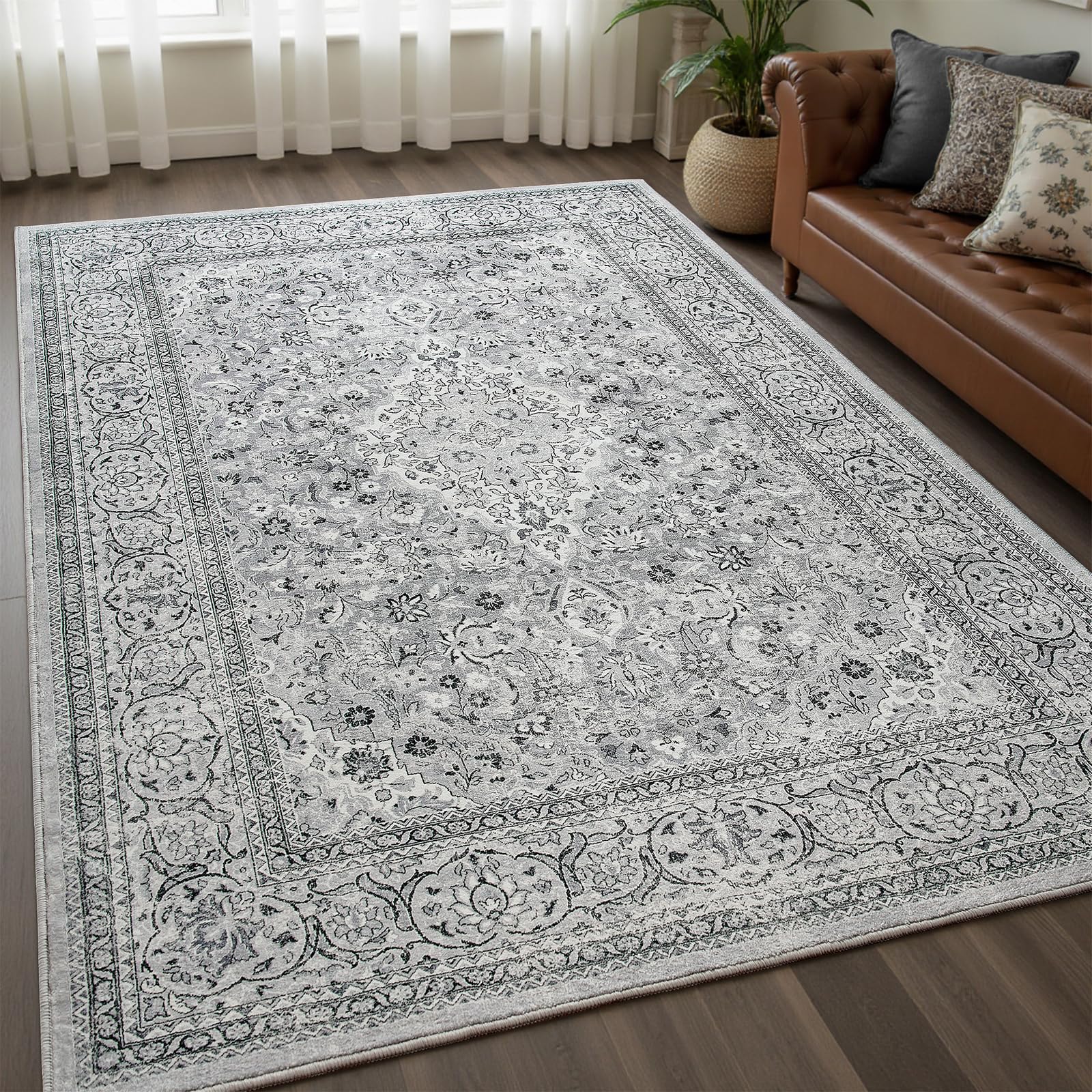 Goideal Washable Rug 4x6, Gray Area Rugs Non Slip, Indoor Low Pile Carpet with Rubber Backing for Living Room Kitchen Bathroom Entryway Office Bedroom