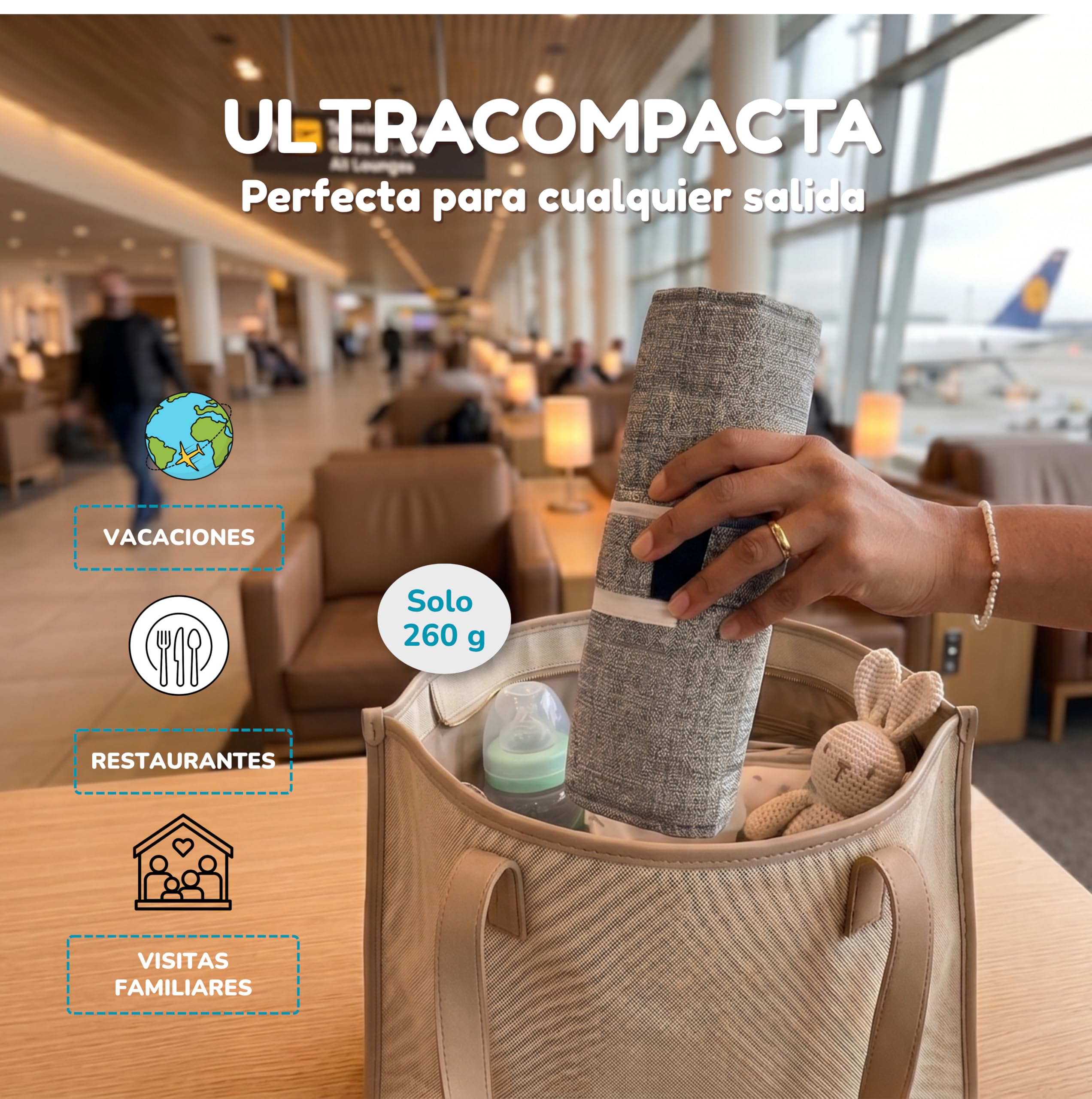 Trona Portátil Bebé 6-36 Meses, Silla Portátil de Viaje con Arnés Ajustable de 3 Puntos, Asiento Elevador Plegable 260g, Compatible con la Mayoría de Sillas Ideal para Restaurante Vacaciones y Viajes