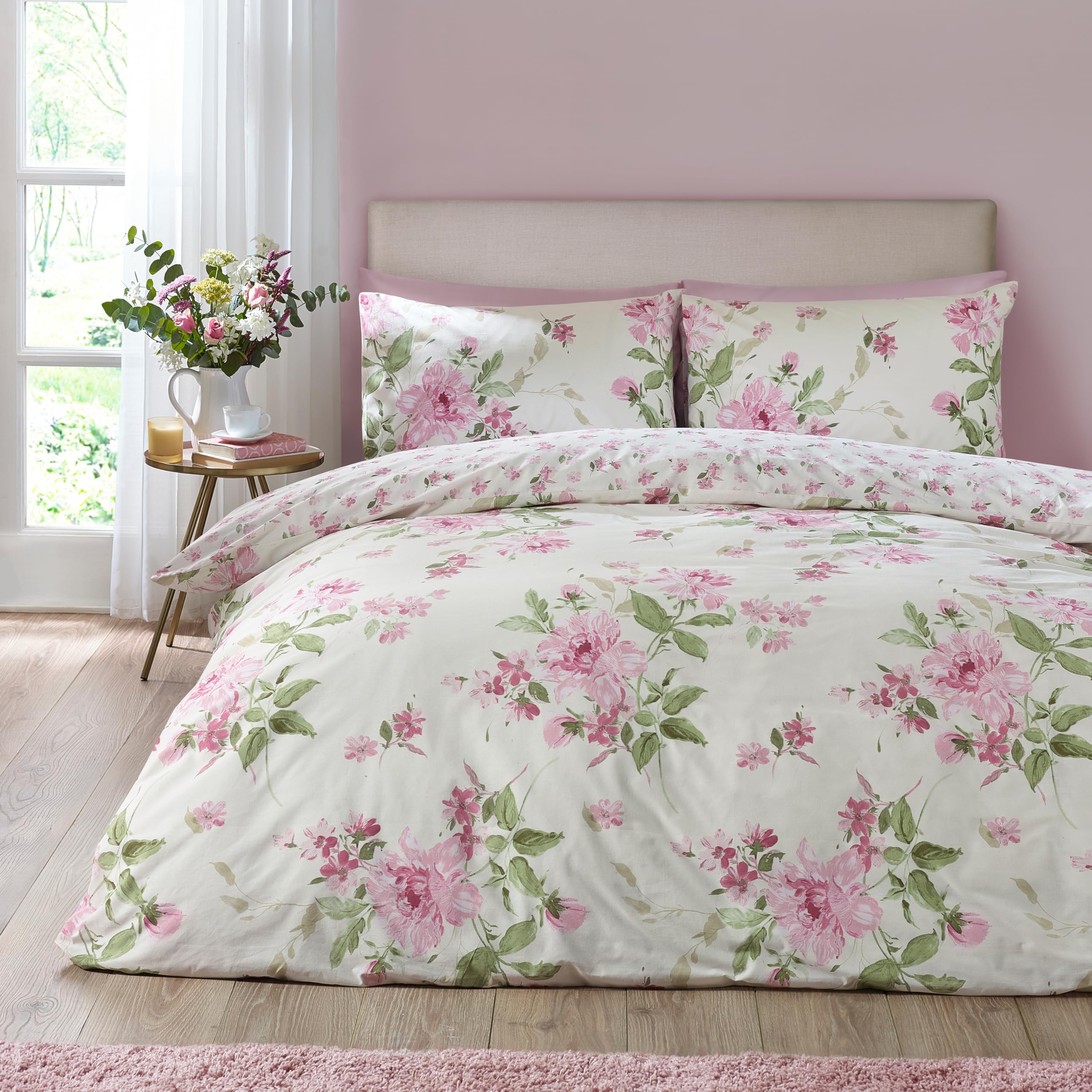 Catherine Lansfield Avebury Floral Reversible King Duvet Cover Set with Pillowcases Cream โ image 1