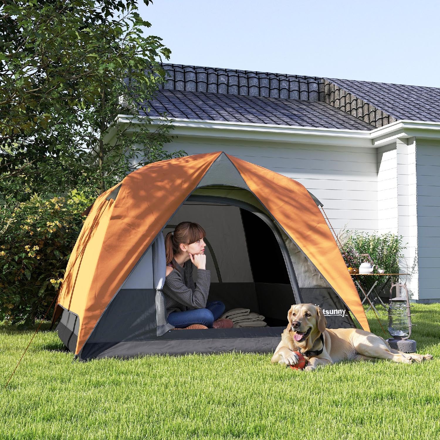 Tenda Campeggio 3 Posti Impermeabile con Tasca Gancio per Lanterna e Borsa 2x2x1.35m Arancione