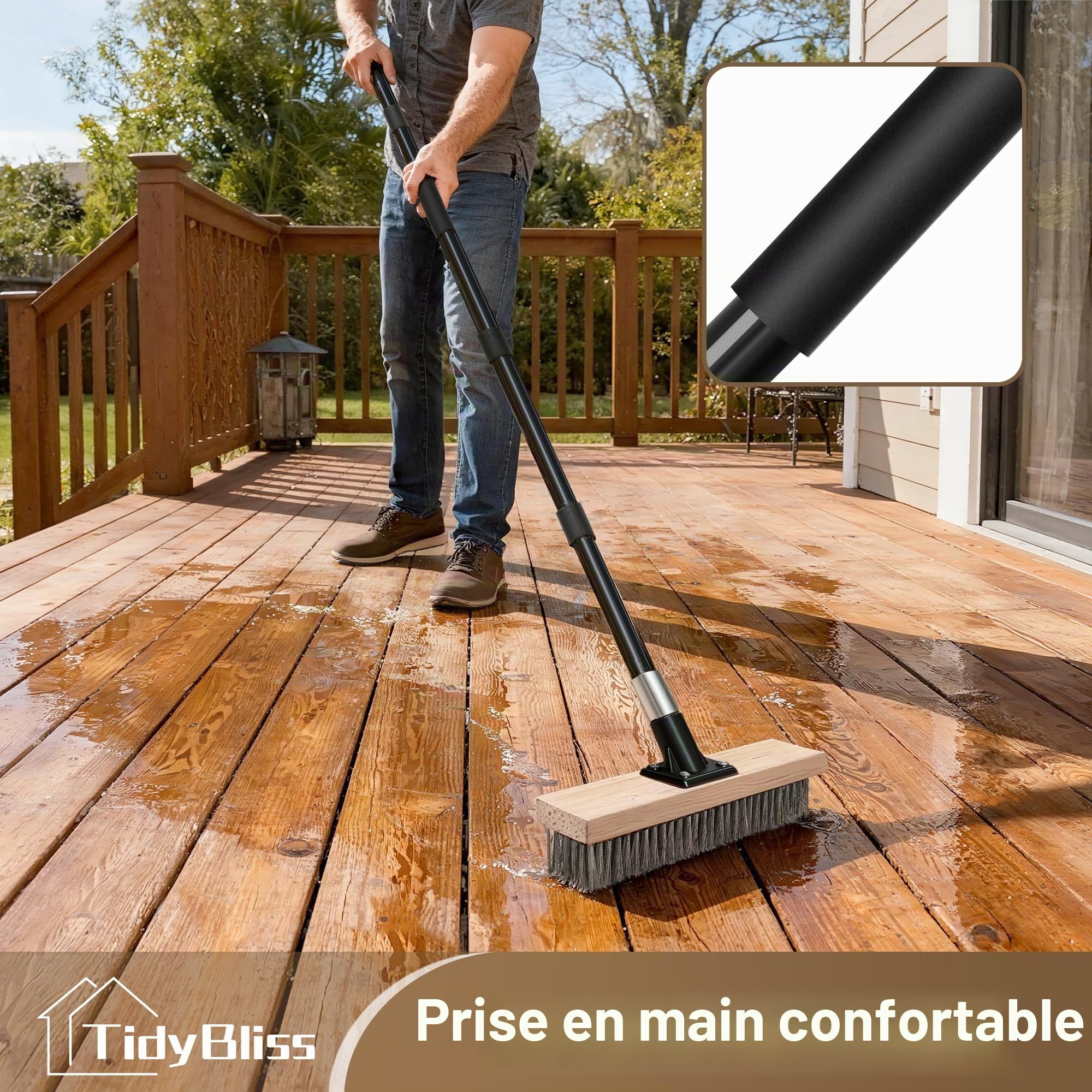 TidyBliss Balai Toiture Exterieur Terrasse Acier Inoxydable avec Long Manche, Robuste Brosse Metallique Élimination des Mousses Extérieures sur Sols en Béton Jardins Patios Toits Briques Garages