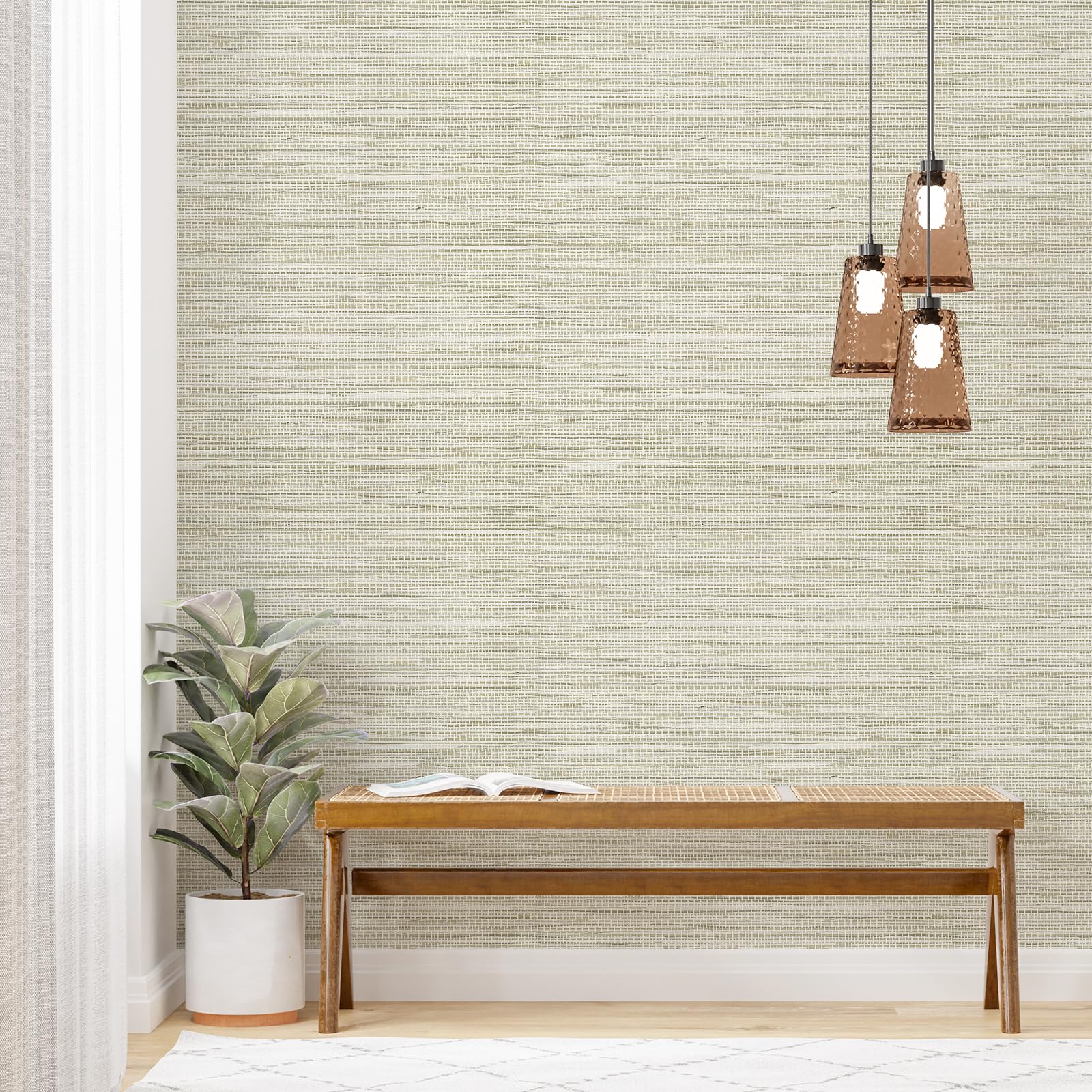 Simon&Siff Cream Textured Grasscloth Peel and Stick Wallpaper 17.7"x197" Neutral Faux Grassweave Waterproof Self Adhesive Removable Wallpaper Mural