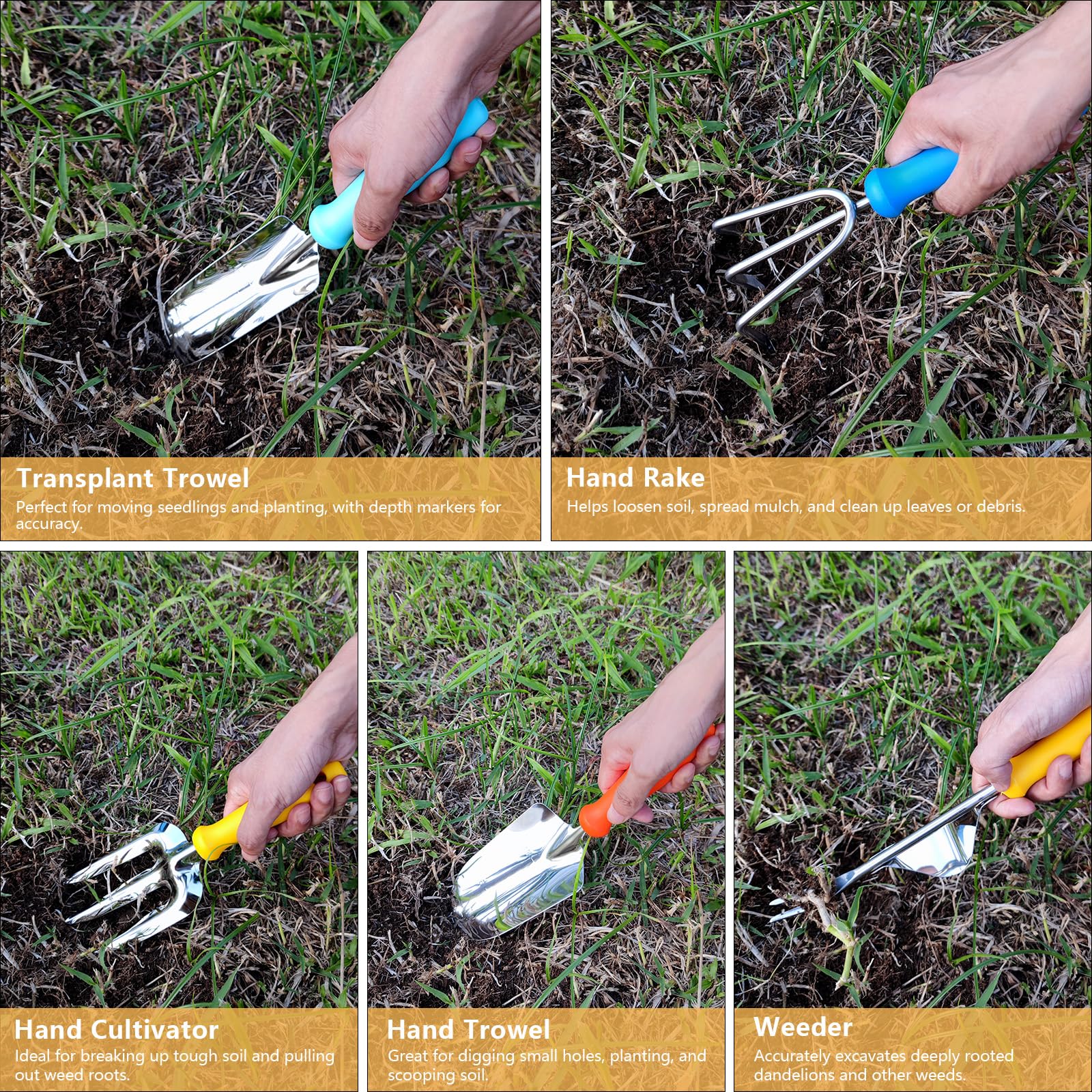 Juego de herramientas de jardín, 5 piezas de acero inoxidable resistentes, suministros de jardinería, herramientas manuales de jardinería con mango ergonómico de madera, regalos de jardinería para