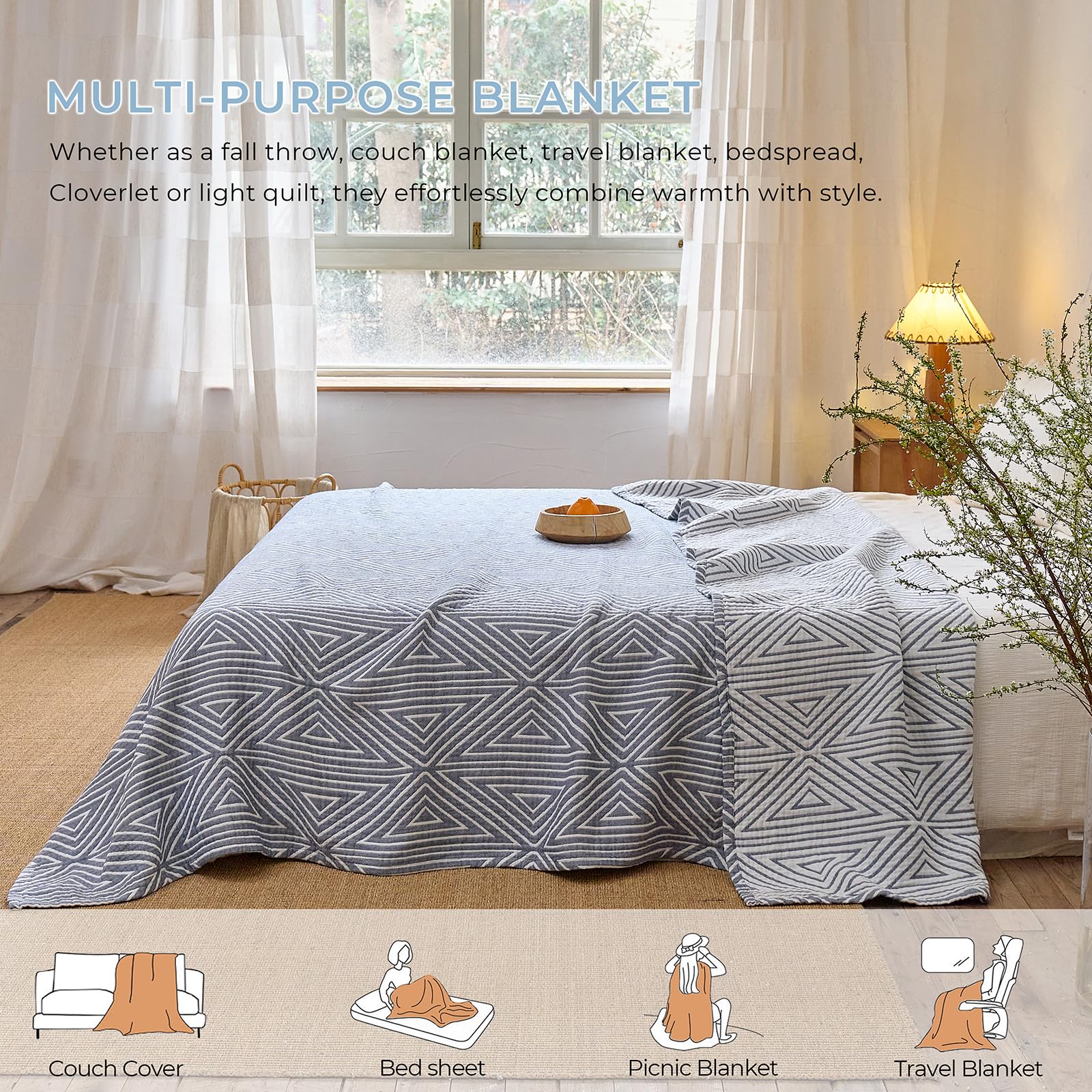 HOORDRY Musselin-Überwurfdecke, 100 % Baumwolle, doppelseitig, Sofaüberwurf, groß, 3-Sitzer, 200 x 230 cm, weich, gemütlich, leicht, Überwurf für Sofas und Bett, Ganzjahres-Tagesdecke, grau