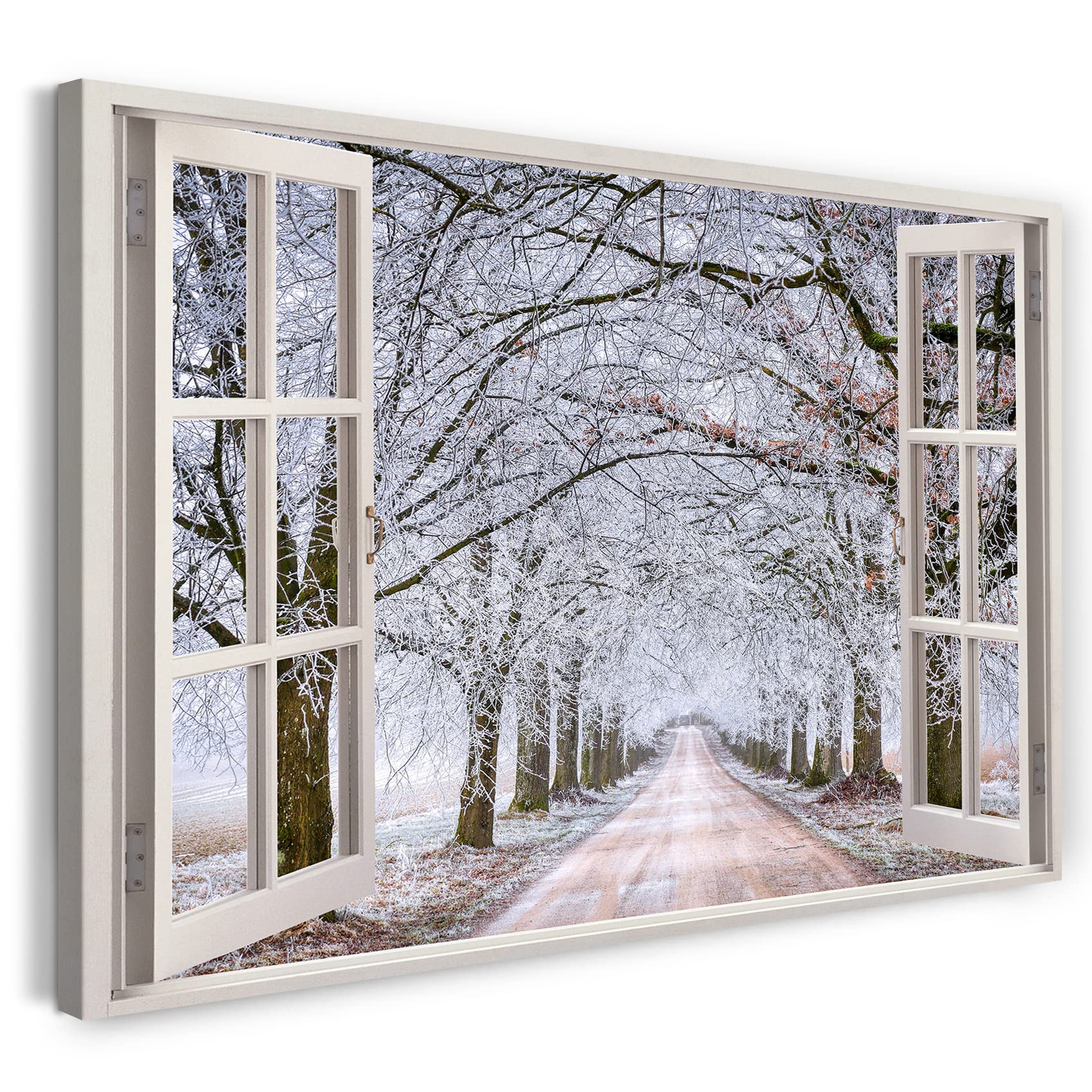 Print on Canvas (120x80 cm) view from the window - path trees winter snow nature - nature photography, real wood frame with hook
