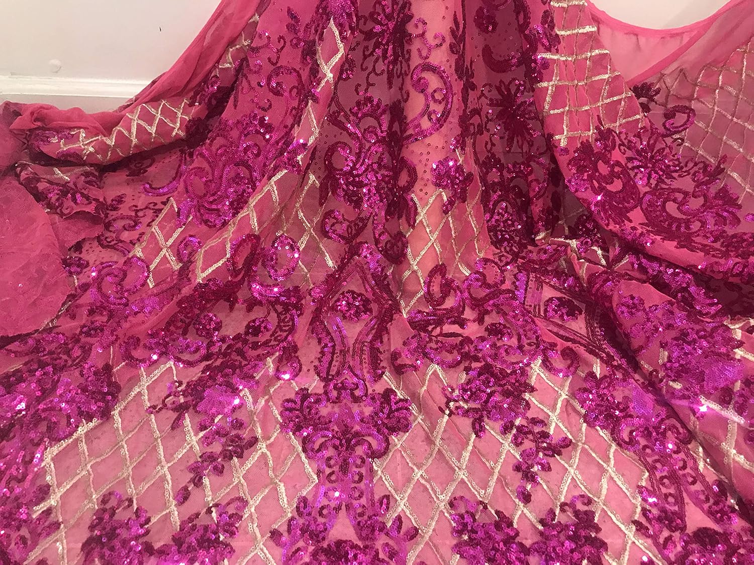 4way stretch pink Mesh W/Gold pink sequins Lace fabric 50” Width Sold by The yard