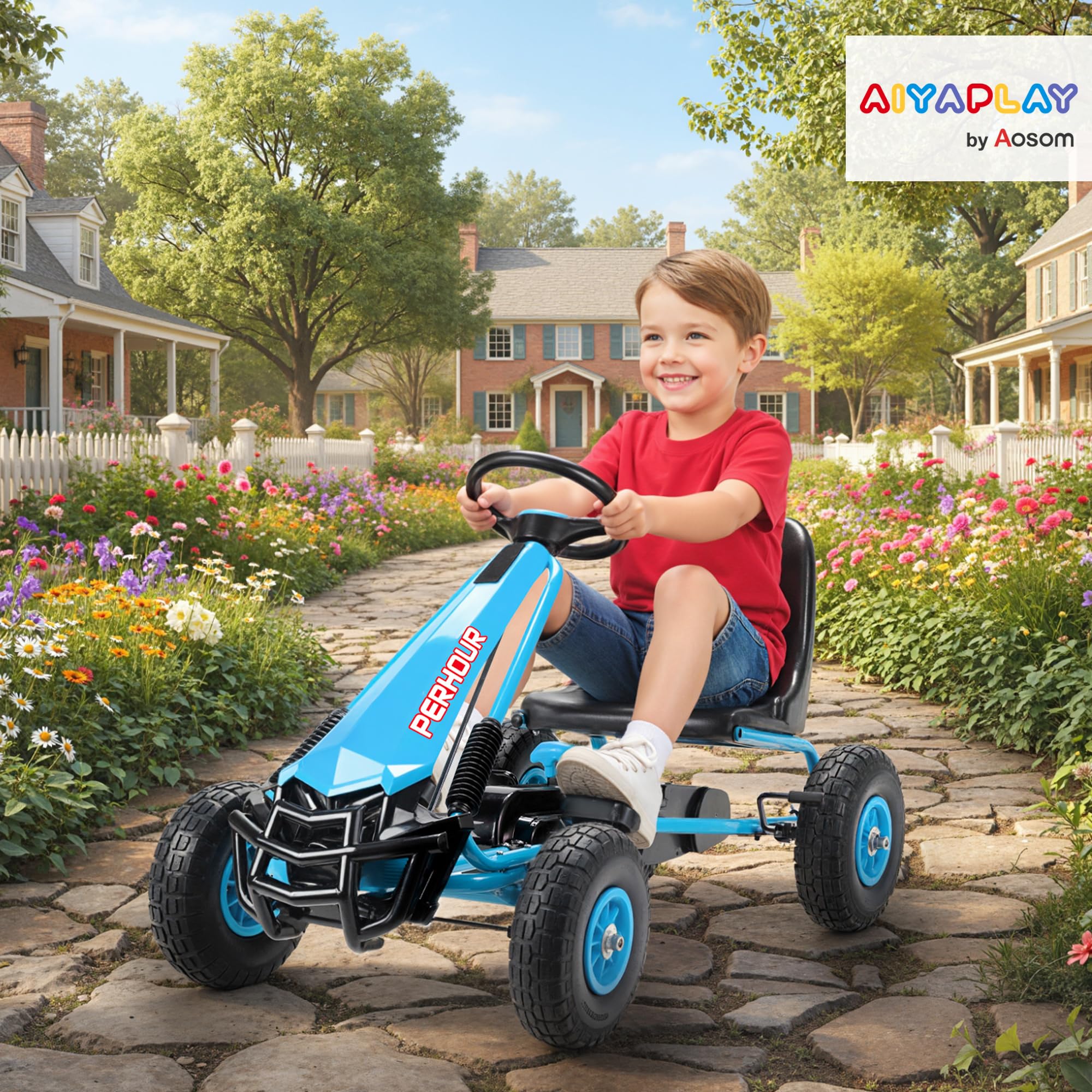 AIYAPLAY Gokart, Tretauto mit Handbremse, verstellbarem Sitz, Vor- und Rückwärtsgang, Pedalantrieb, Kinderfahrzeug mit Eva Reifen, manueller Kupplung, Tretfahrzeug für Kinder 3-8 Jahren, Blau