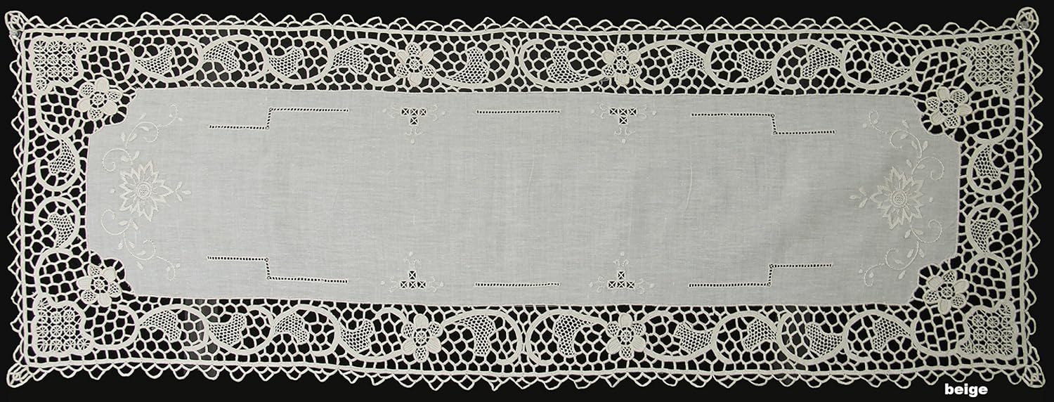 Creative Linens Handmade Reticella Lace Needle Lace Table Runner 14x41 Beige, Hand Embroidery