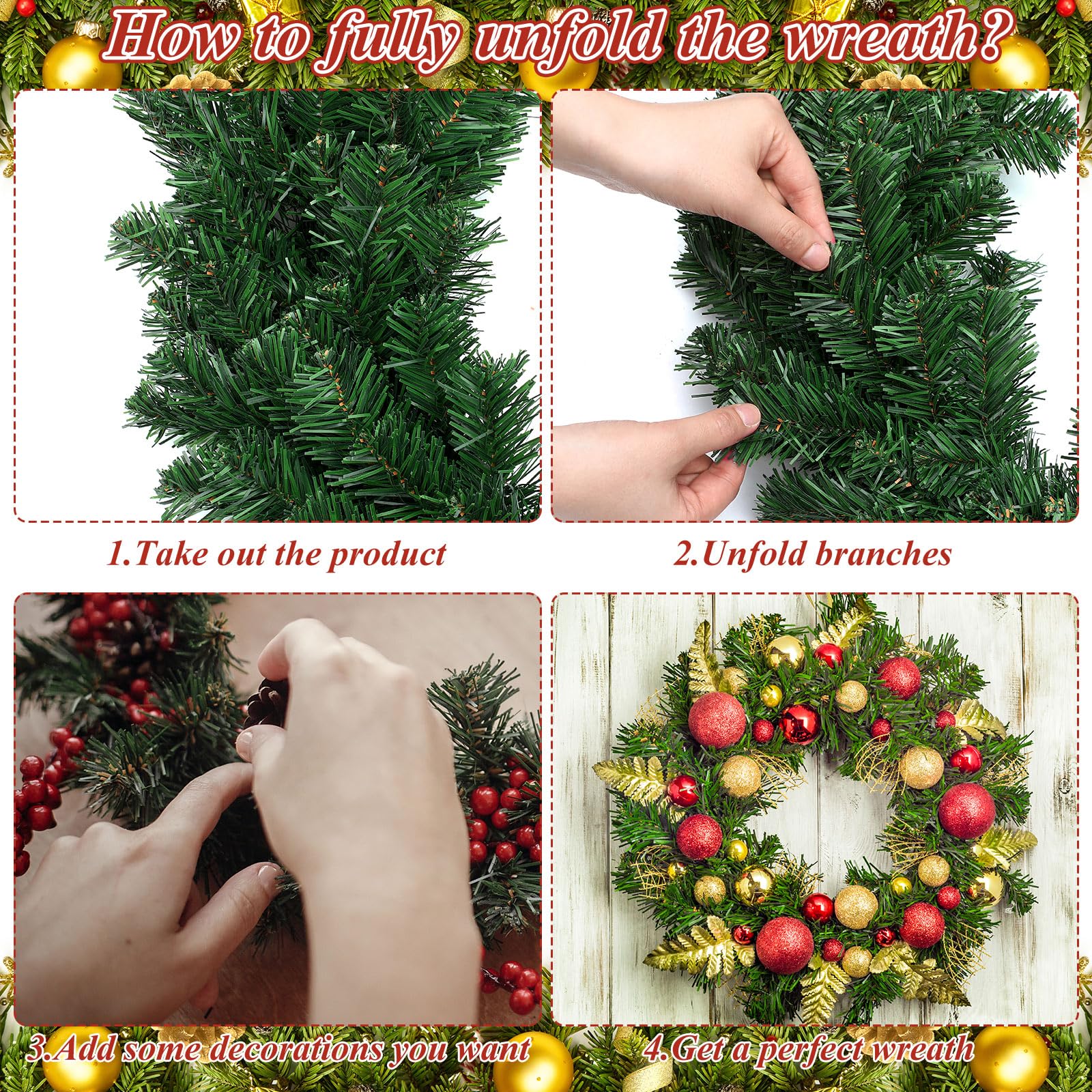 Hotop Künstlicher Weihnachtskranz für Haustür, grüner Bauernhaus-Kranz, DIY, künstliche einfarbige Kränze zum Dekorieren von Fenstern, Zimmern, Weihnachtsfeiern, Dekoration, 30,5 cm, 35,6 cm, 4 Stück