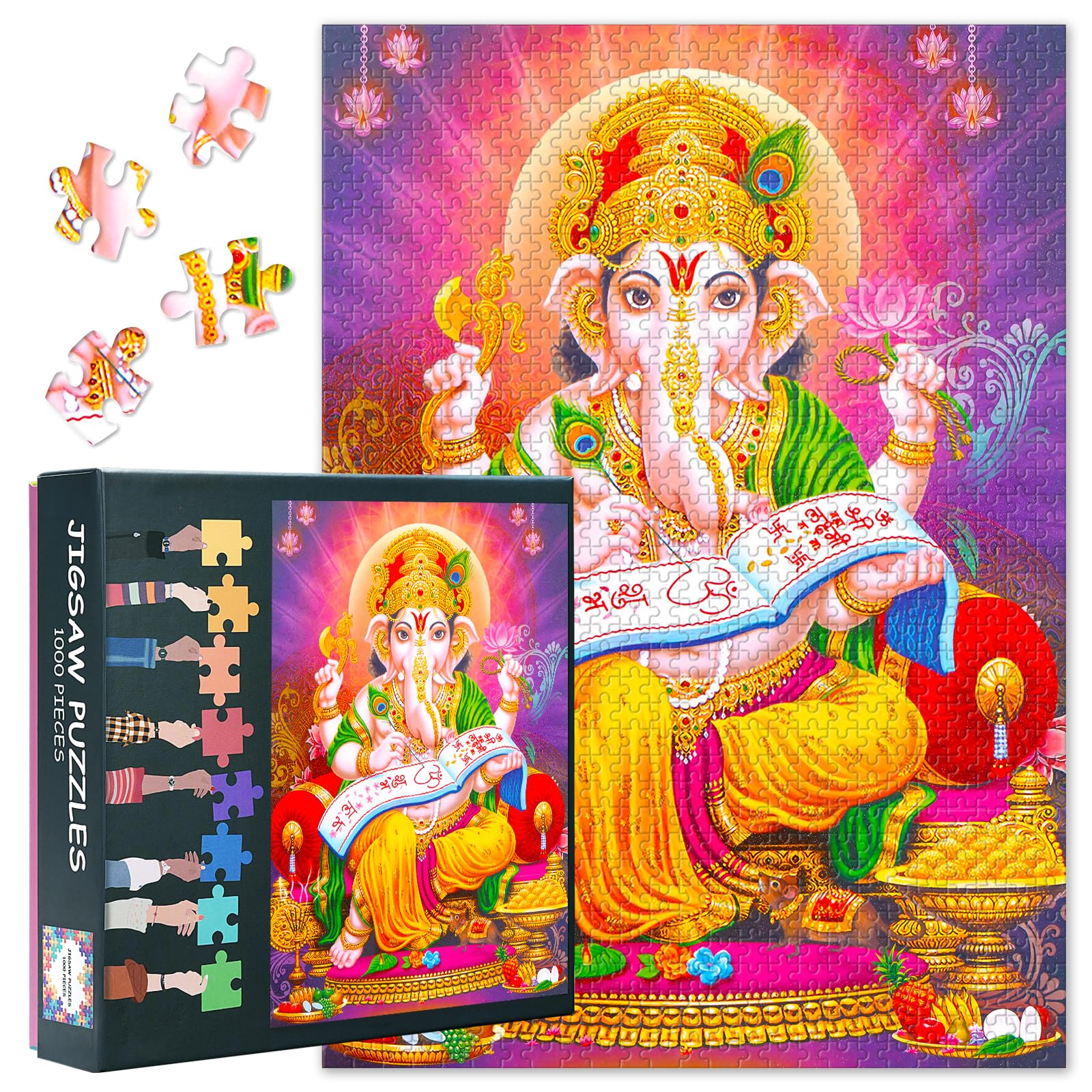 Jigsaw Puzzle 1000 Pieces Hindu Lord Ganesha Spiritual Art Ancient Indian Deity Paper Puzzle for Adults Yoga Meditation Focus Home Temple Decor Gift 27.5x19.7 Inches