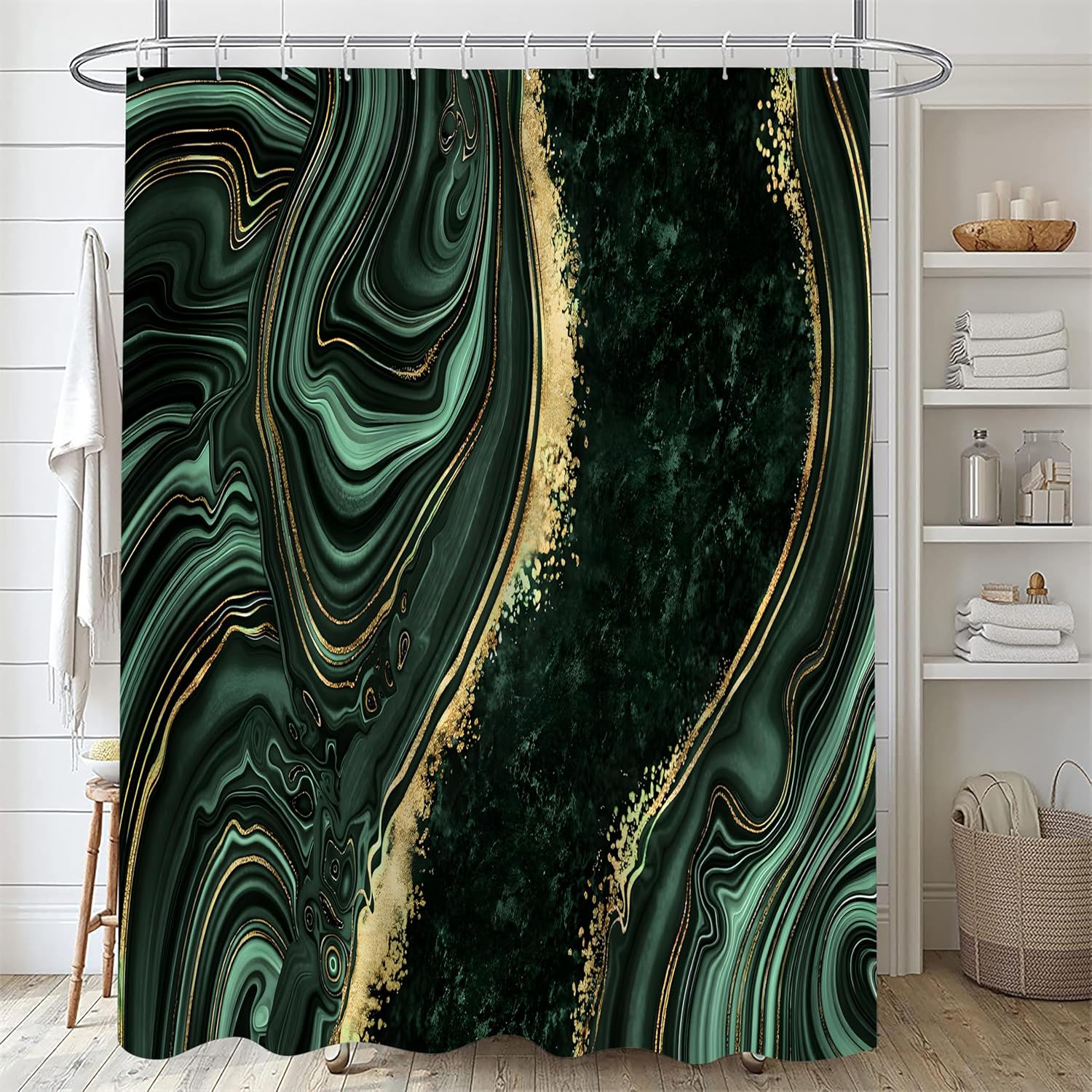 Nkzply 4 Pcs Green Marble Shower Curtain Sets with Rugs Gold Bathroom Sets with Shower Curtain and Rugs Modern Abstract Bathroom Decor Accessories Shower Curtains for Bathroom Toilet Lid Cover
