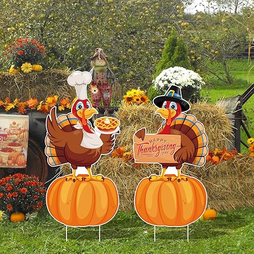 Miniatura 6 de Letreros Grandes de Patio para Acción de Gracias 2 piezas con Estacas Decoraciones de Feliz Acción de Gracias Exterior Pavo Calabazas Cosecha Jardín