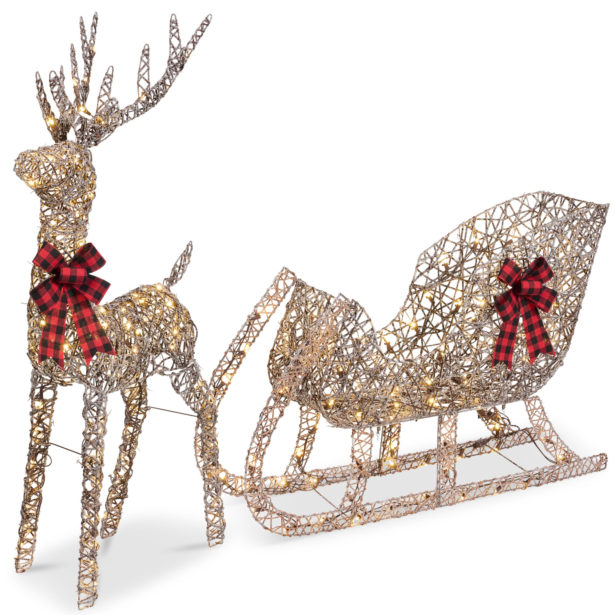 Best Choice Products Lighted Christmas 4ft Reindeer & Sleigh Holiday Outdoor Yard Decoration Set w/ 205 LED Lights, Stakes, Zip Ties - Rattan