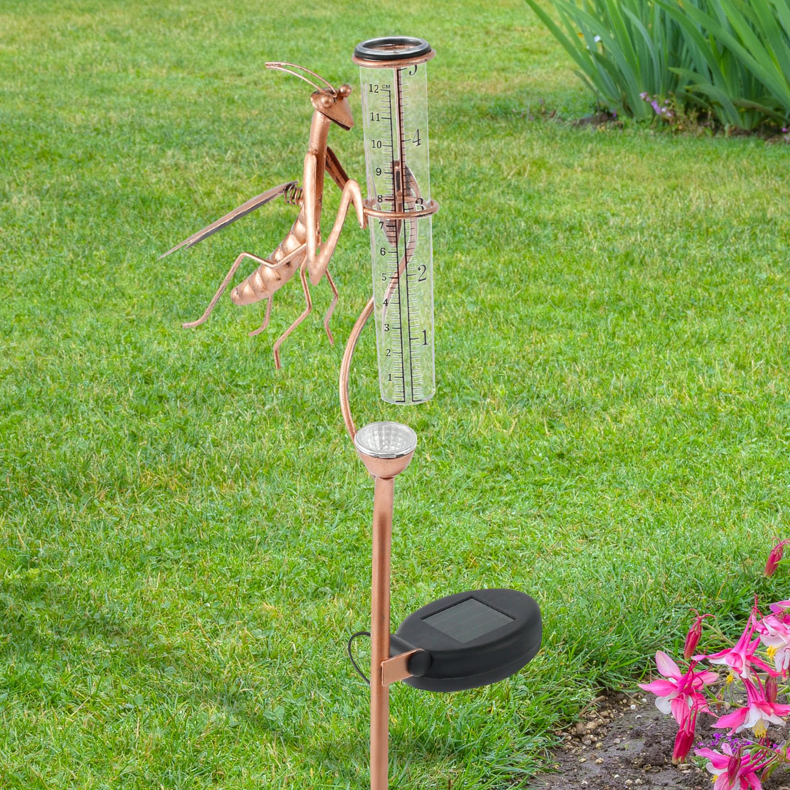 Rain Gauge with Stake, Outdoor Metal Mantis Shape Rain Gauges, Solar Rain Measure Gauge with Lights, Freeze Proof Acrylic Rain Gauge, Decorative Garden Rain Measure Tool for Gardens Lawn Patio
