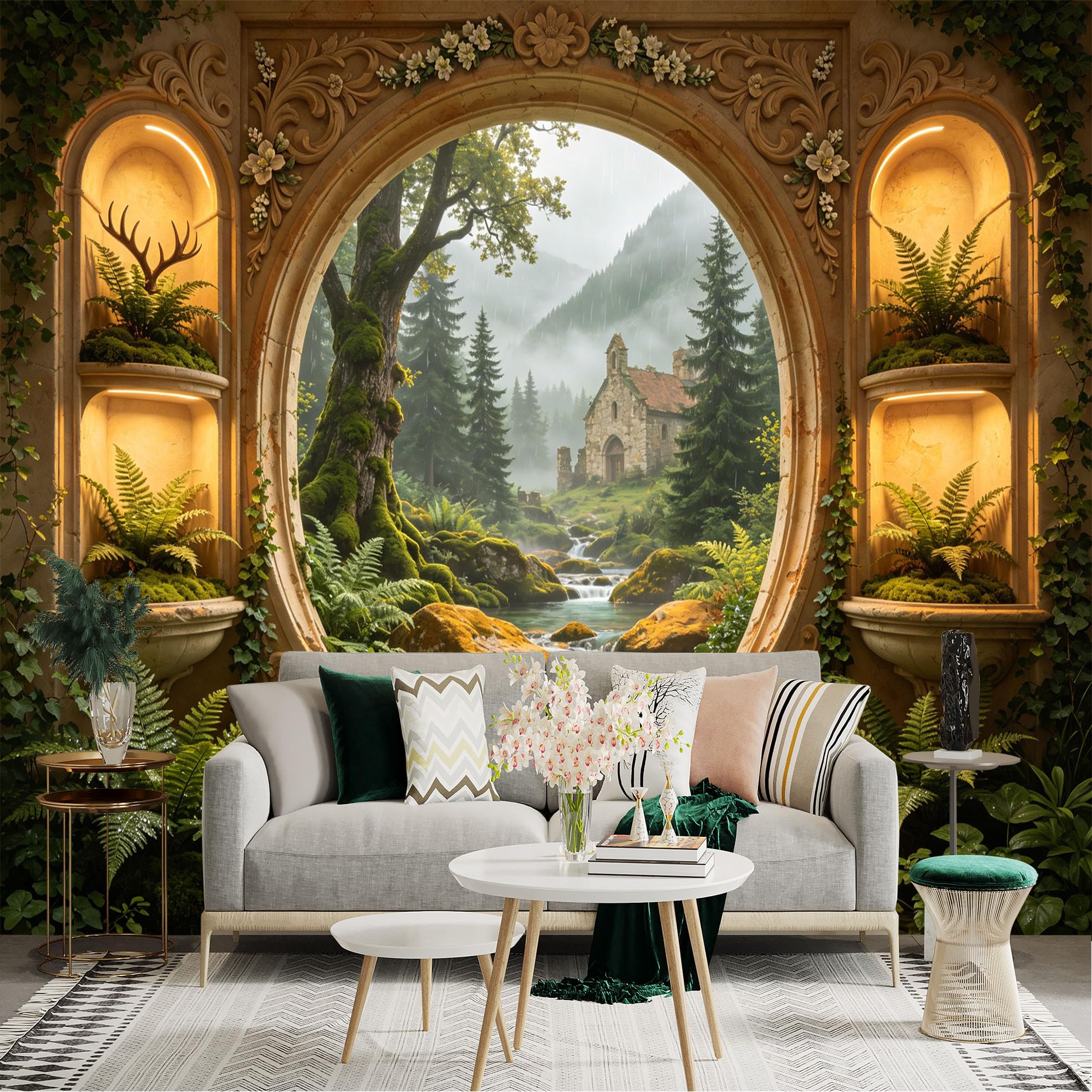 Custom Size Wall Sticker Mural， Enchanted Forest Stream with Old Stone Cottage and Mossy Trees， for wall Decoration， peelandstick wall Decals.