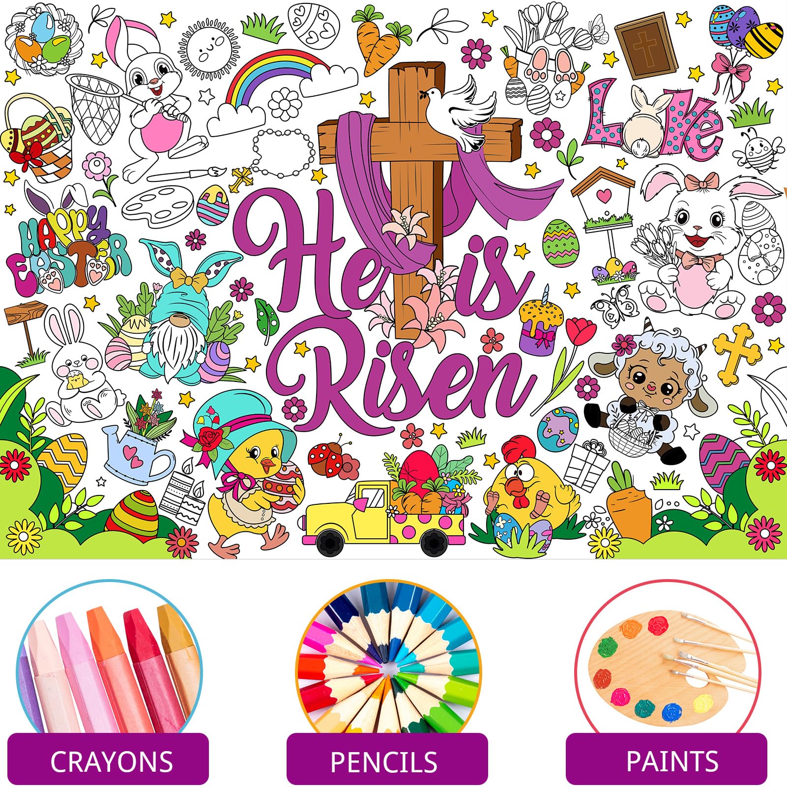 HOWAF Easter He is Risen Coloring Poster with 24pcs Paint Pens,Happy Easter Religious Themed Jumbo Paper Coloring Banner,Jesus Easter Coloring Tablecloth for Kids Easter Party Favors - Image 3
