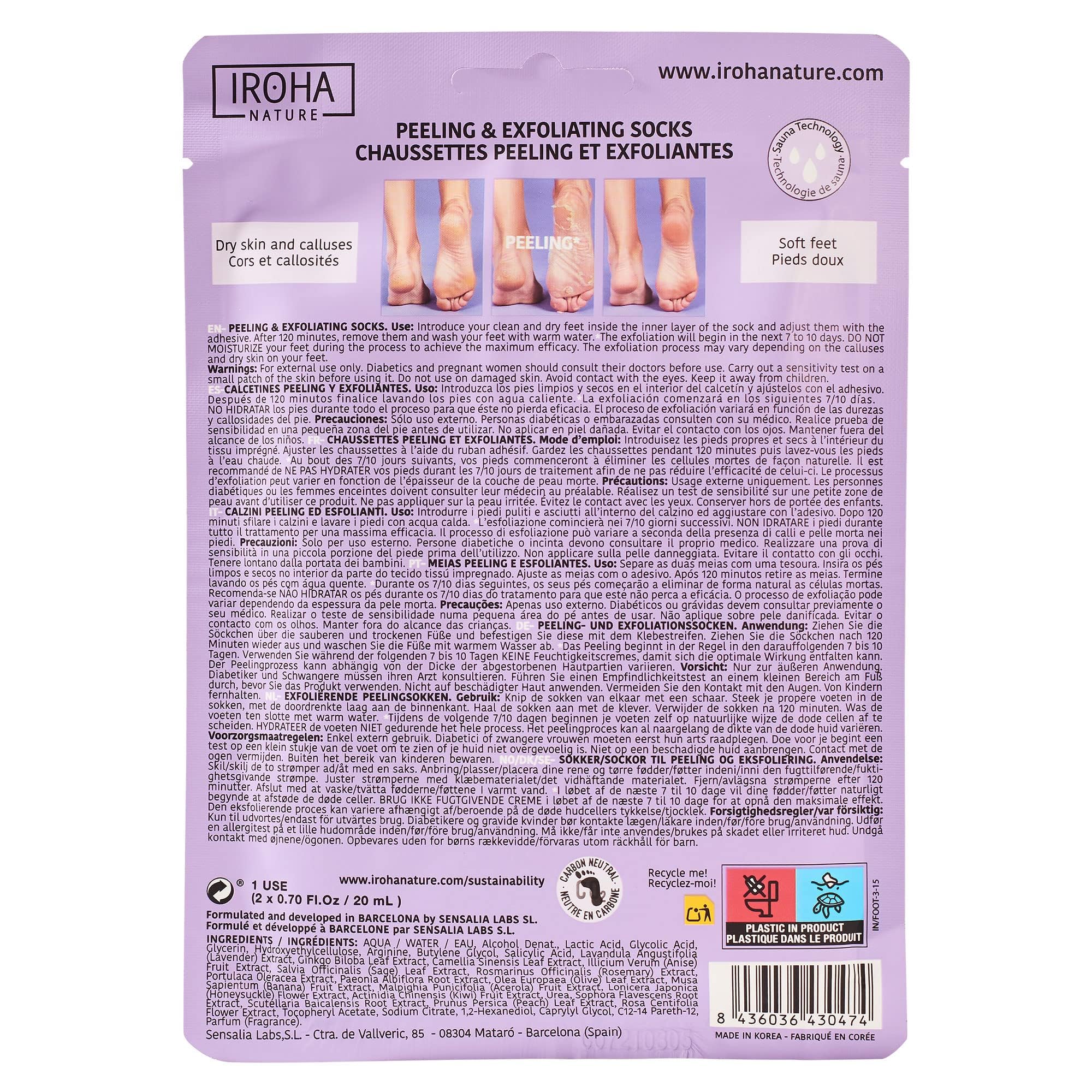 IROHA NATURE - Calzini Esfolianti | con Acido Glicolico, Lattico, Salicilico e Lavanda | Trattamento Intensivo per Piedi con Calli, Duroni e Screpolature | Formula Vegana | Risultati Provati.