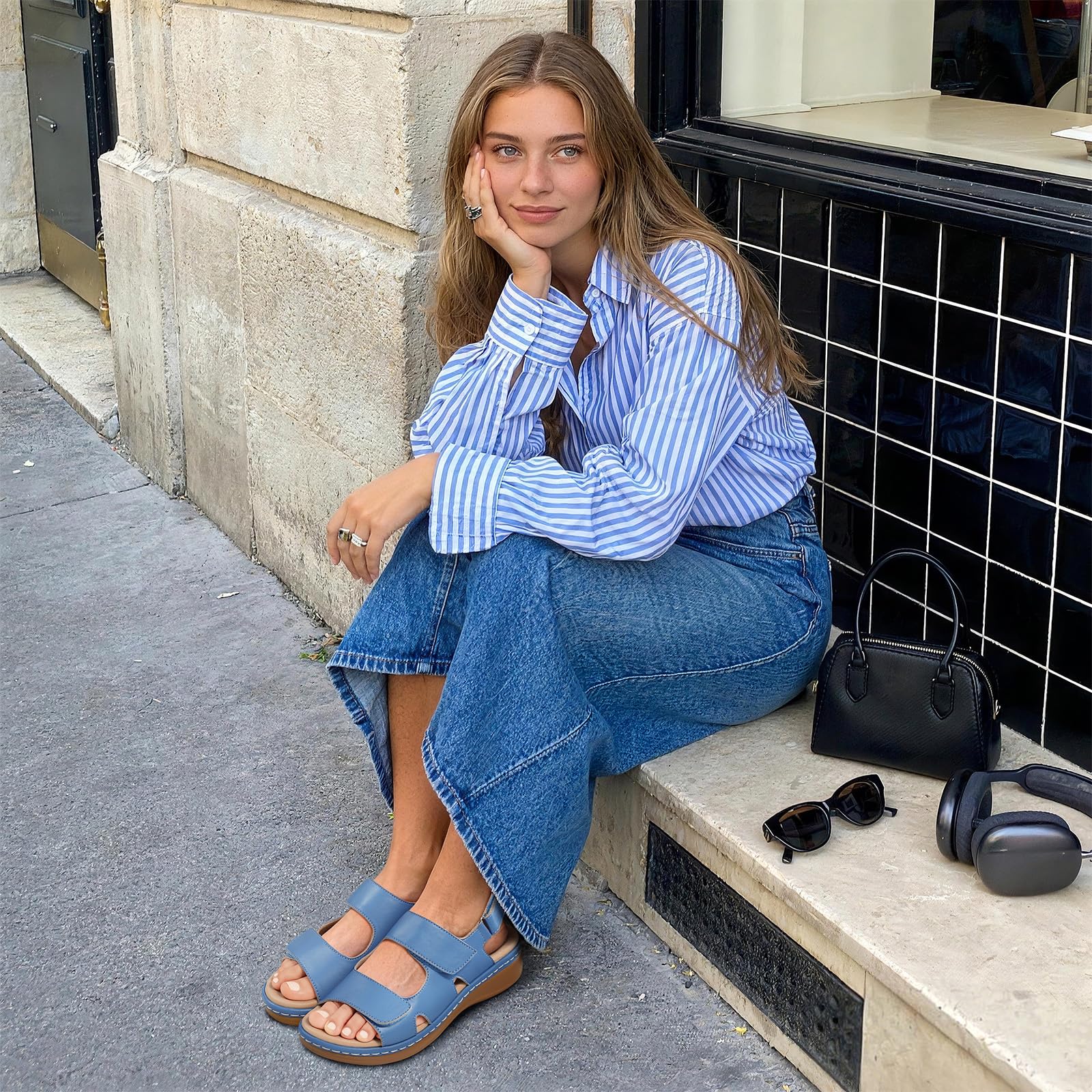 PIZZ ANNU Clara Sandalias Ortopedicas Mujer Verano Comodas Zapatos con Cuña Ligera y Velcro Ajustable Suela Antideslizante para Uso Diario
