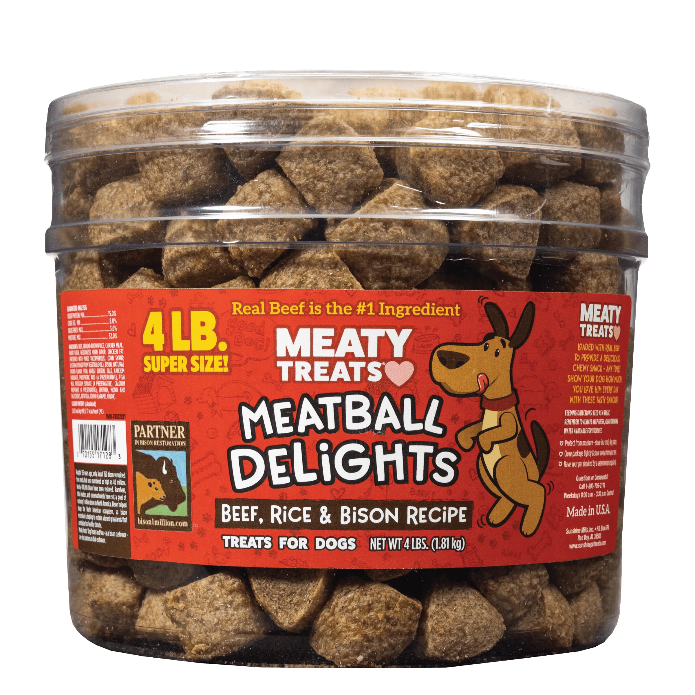 Meaty Treats Meatball Delights Beef, Rice, and Bison Recipe Meatballs Dog Treats, 4 lb Tub