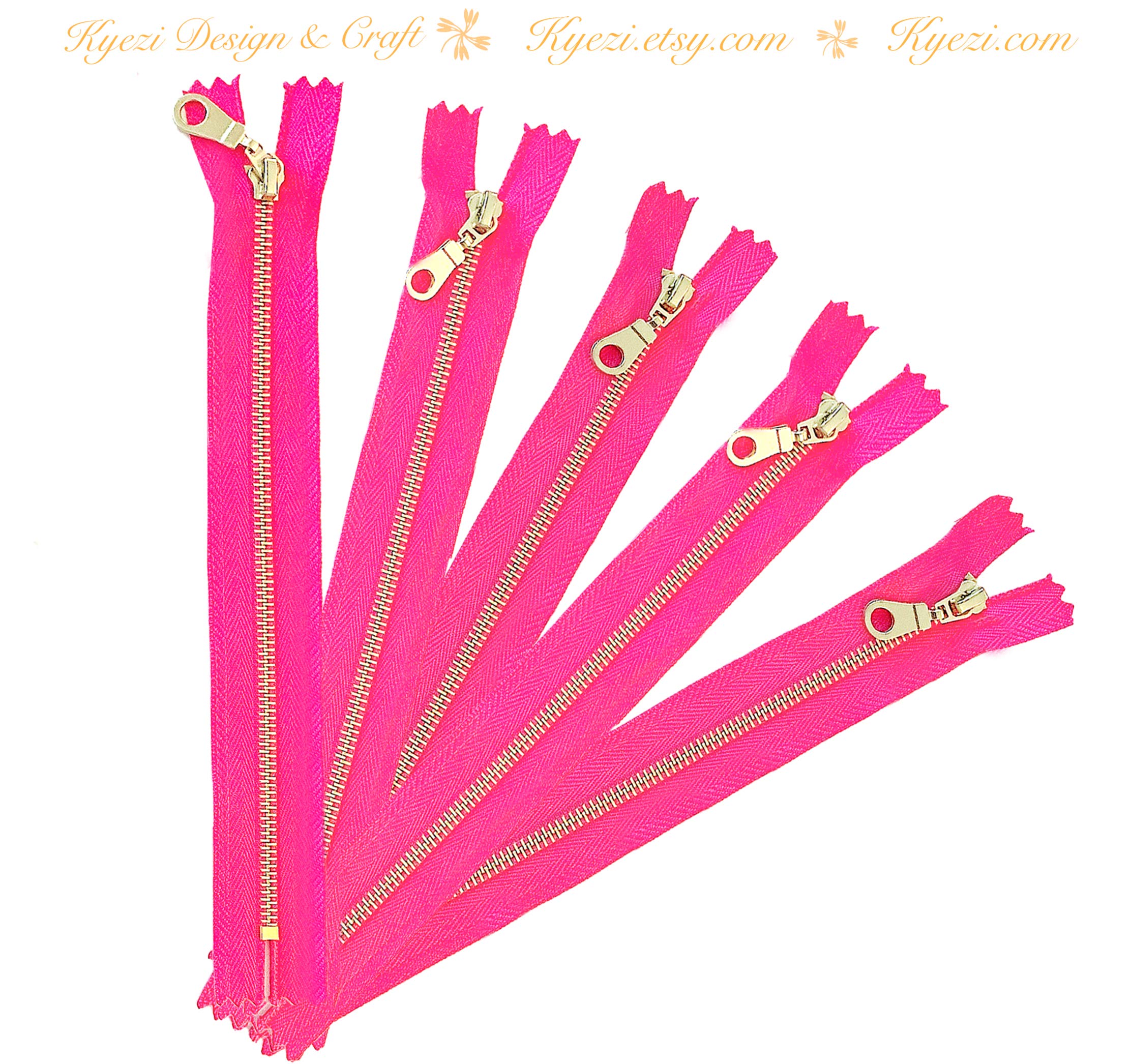 10 Pcs Black Tape Gold Brass Metal Gauge #3 Fancy Donut Pull Zippers Close End Zippers Bulk for Sewing Crafts Bags Purse[Kyezi Design & Craft] (Hot Pink, 12 inches)