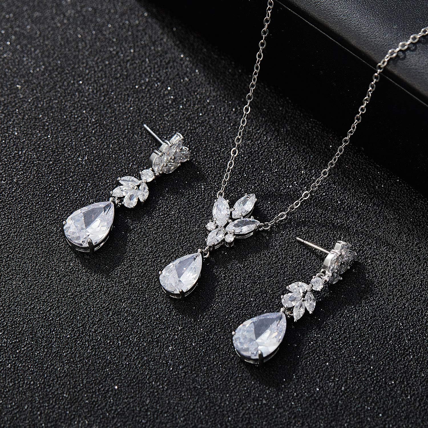 SWEETV Wedding Jewelry Sets for Brides Bridesmaid,Cubic Zirconia Teardrop Bridal Necklace Earrings Set Wedding Prom Jewelry for Women - Image 5