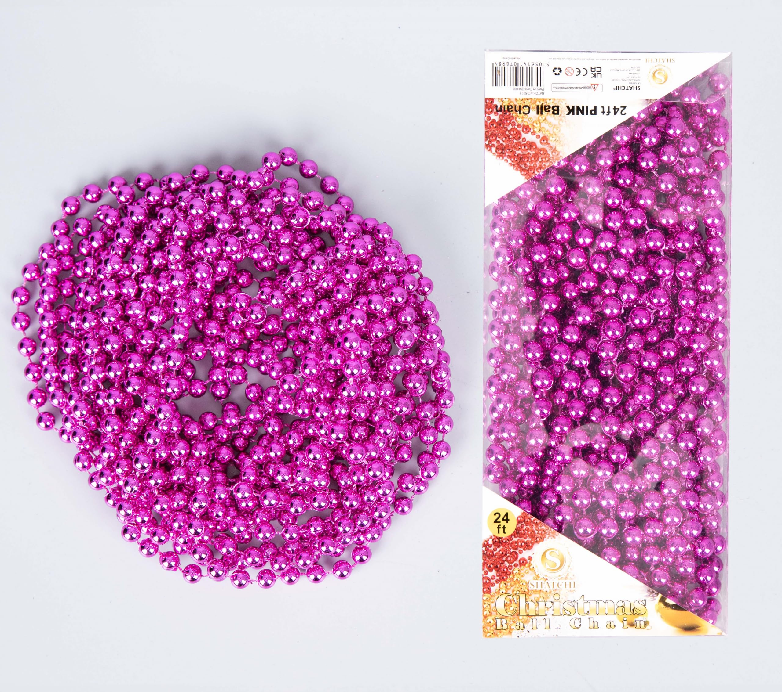 Shatchi Pink (24Ft) Shiny Christmas Bead Chain Metallic Xmas Beaded Garland Artificial Pearls Tinsel For Christmas Tree Hanging Decorations Diy Art & Crafts Jeweller 7.2M