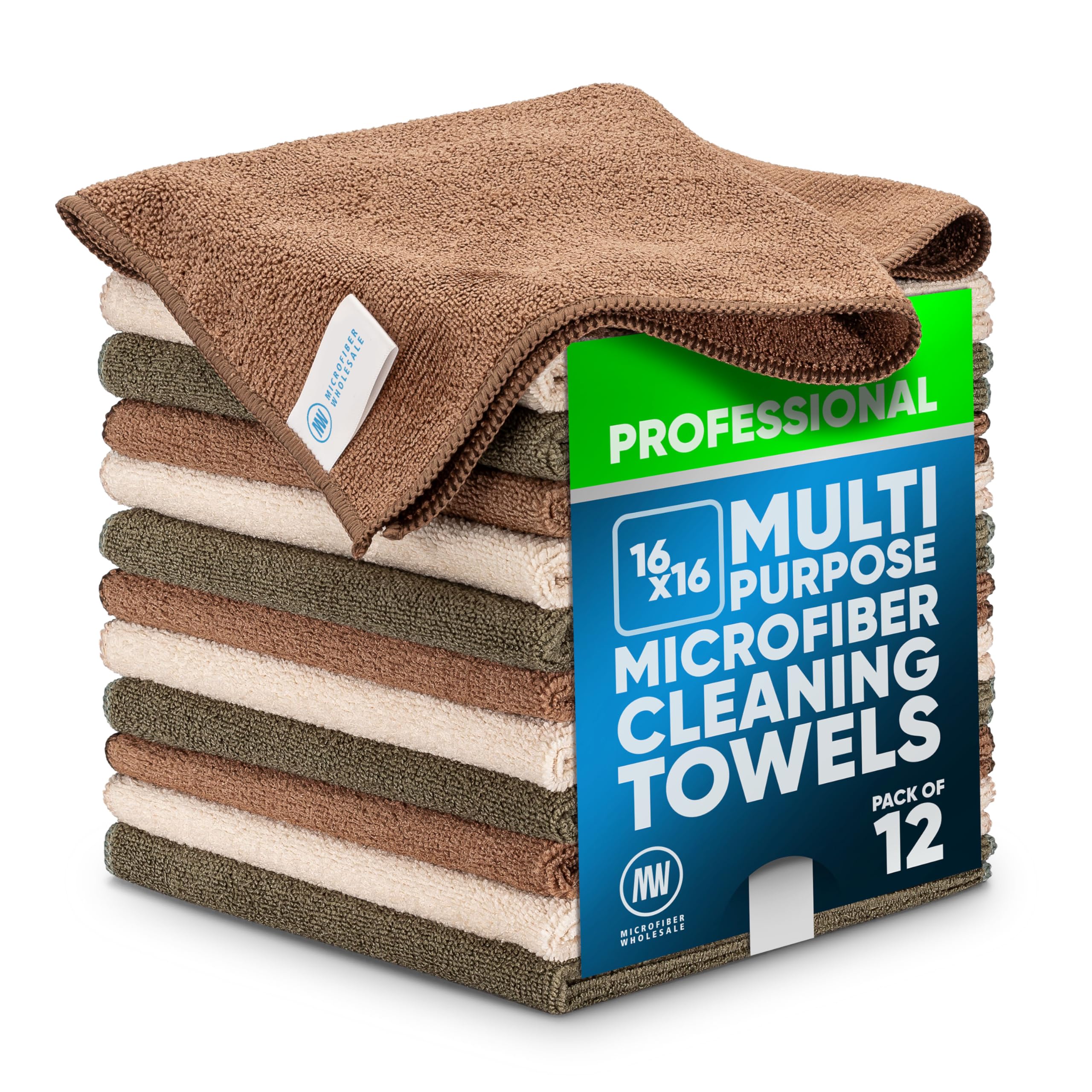 MW Pro Multi-Surface Microfiber Towel – Sand, Olive, Tan 12 Pack |16"x16" Premium Cleaning Cloth | Clean, Dust, Polish, Absorb | Large