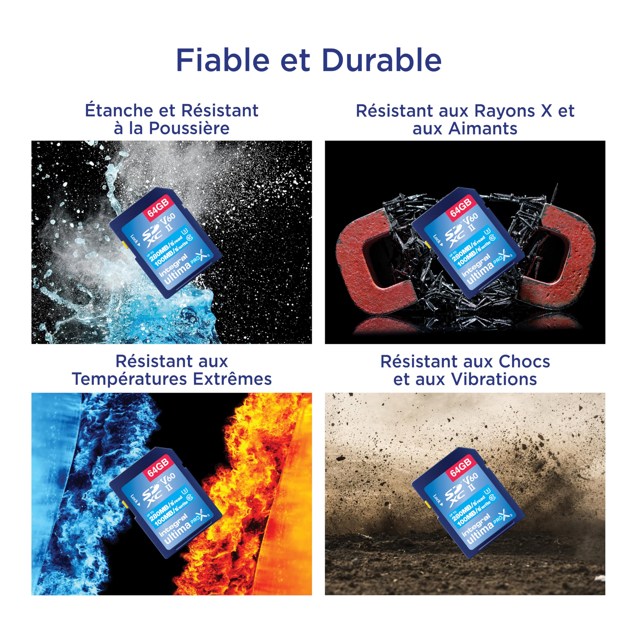 Integral Carte mémoire SDXC V60 UHS-II 64 Go - Jusqu'à 280 Mo/s en Lecture et 100 Mo/s en écriture - Carte mémoire SDXC Professionnelle Haute Vitesse