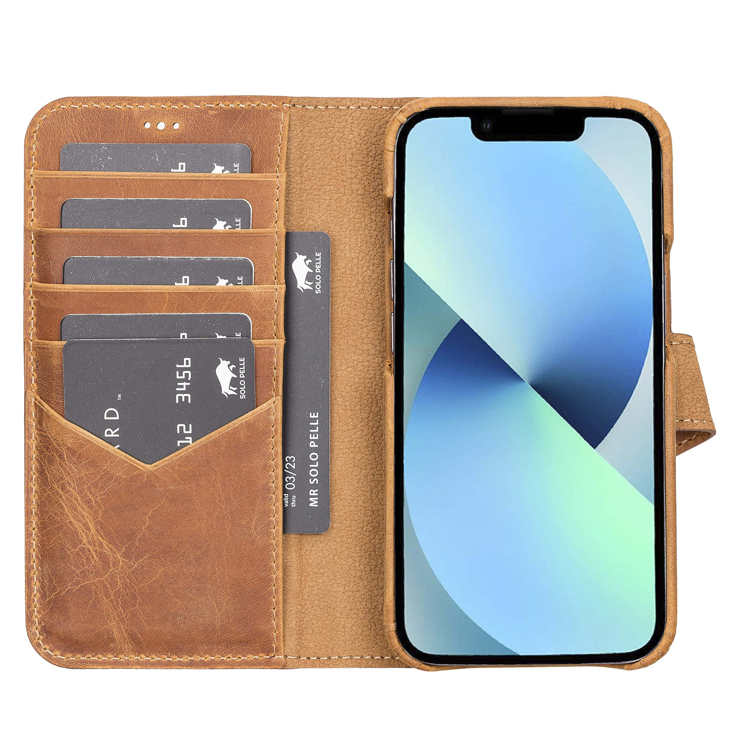 Solo Pelle Lederhülle kompatibel für iPhone 13 Pro in 6.1 Zoll abnehmbare Hülle (2in1) inkl. Kartenfächer für das original Apple iPhone 13 Pro (Vollleder Camel Braun)