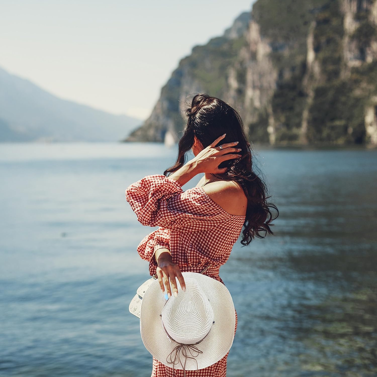 Gossifan Women's Woven Straw Cowboy Hat w/Beaded Trim Band Hat Beach Holiday Sun Hats - Image 7