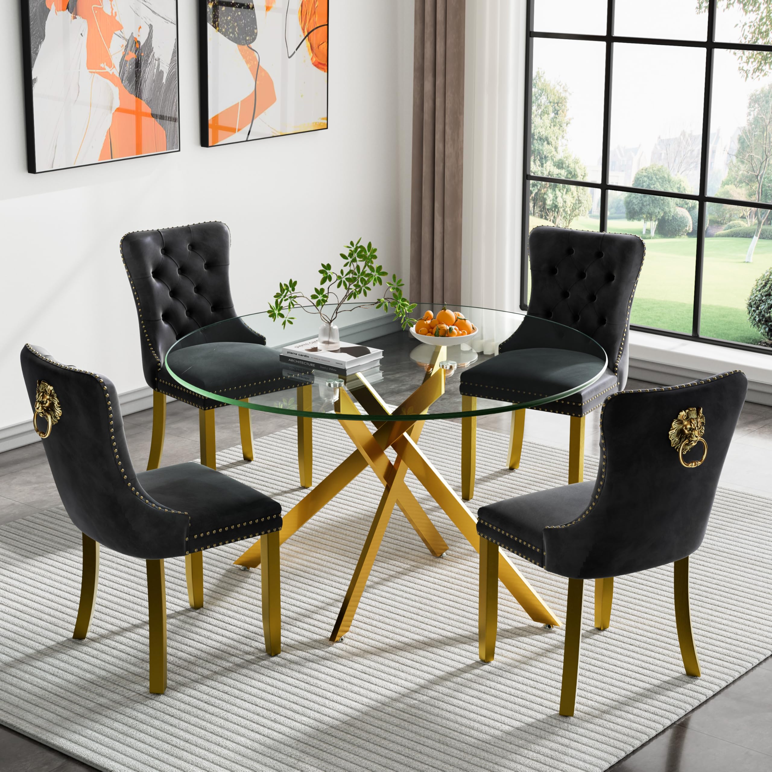 Maotifeys Modern 5-Piece Round Glass Dining Table Set for 4, Modern 47" Gold Glass Dining Room Table Set with Black Velvet Tufted Chairs for Kitchen