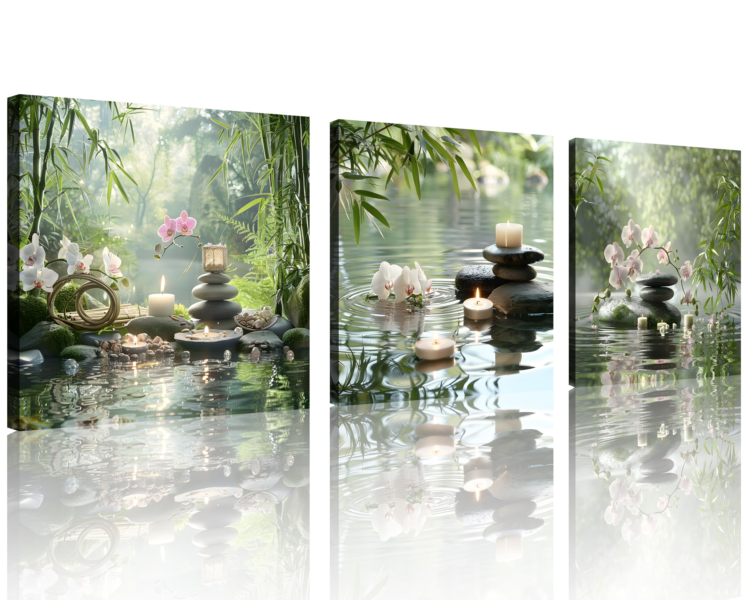 TutuBeer 3 Pcs Zen Wall Art Zen Pictures for Bathroom Spa Still Life Spa Stone Green Bamboo White Orchid on Water Pictures Print on Canvas for Home
