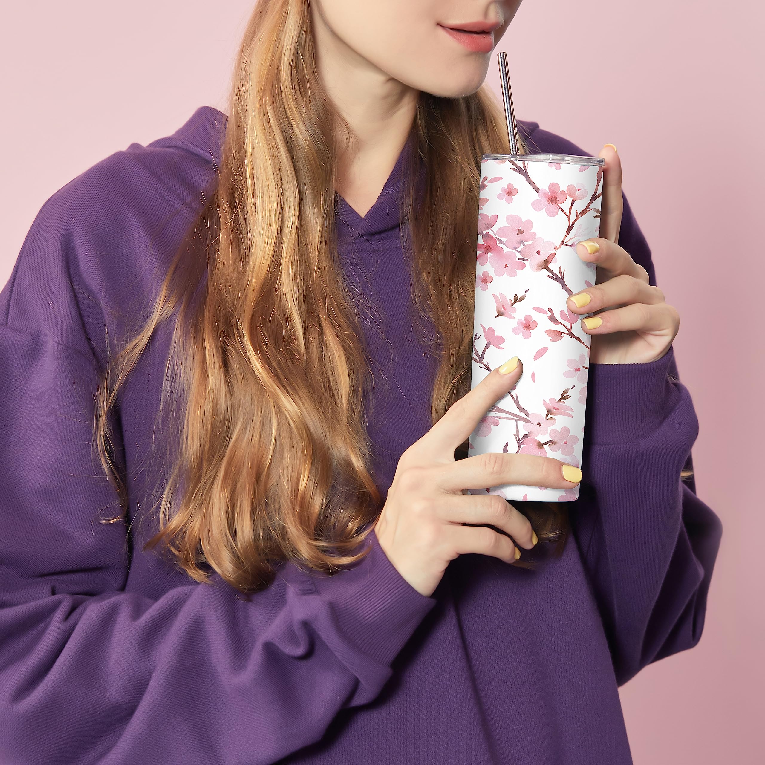 Vaso flaco floral con pajita y tapa, 20 onzas, doble pared, acero inoxidable, aislado al vacío, café, vino, té, regalo para mujeres, color rosa