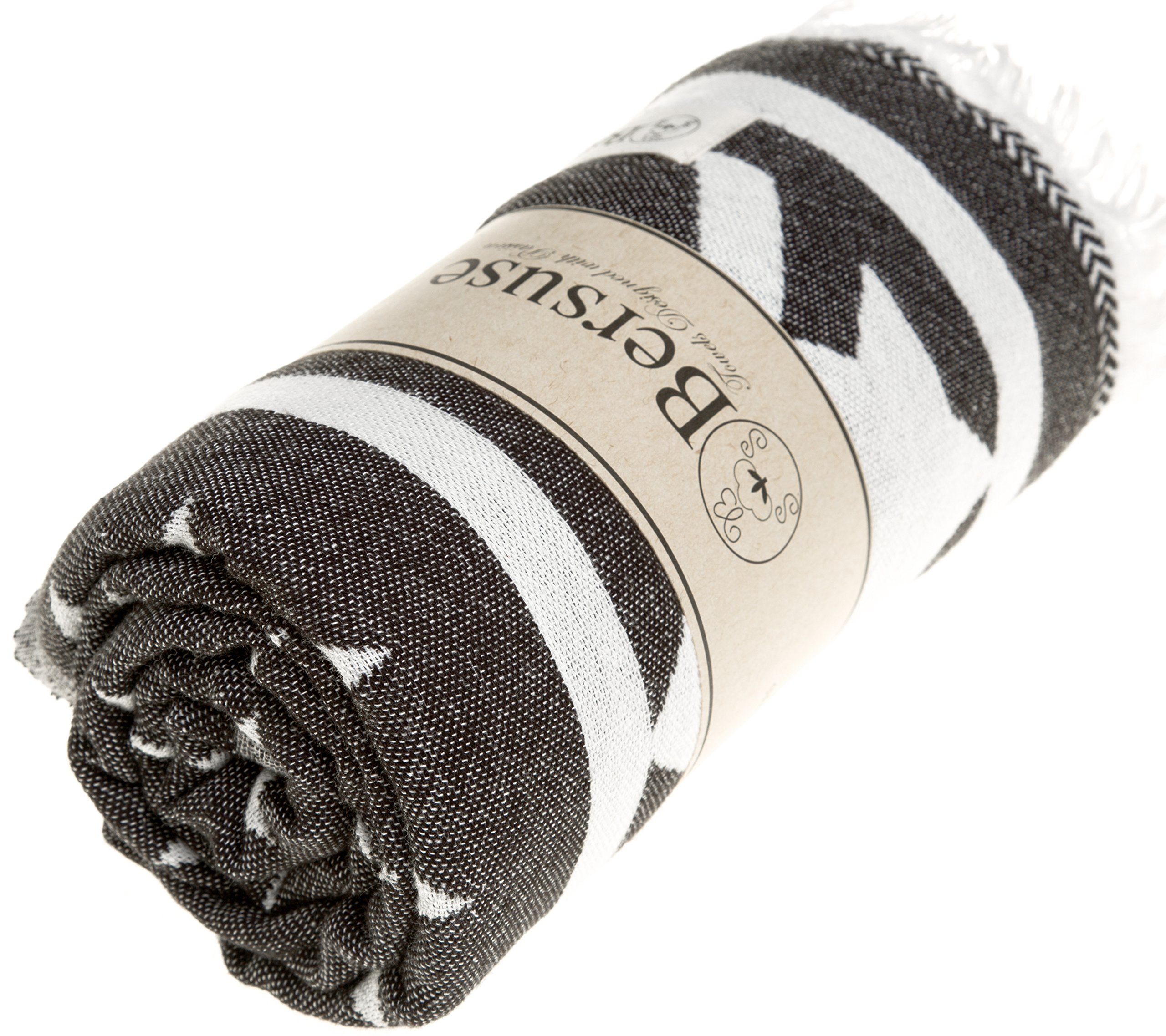 Bersuse 100% Coton - Cozumel Serviette Turque - Drap de Bain, Serviette de Plage - Fouta Peshtemal avec Motif Aztèque - Double Couche - 100x180 cm, Noir