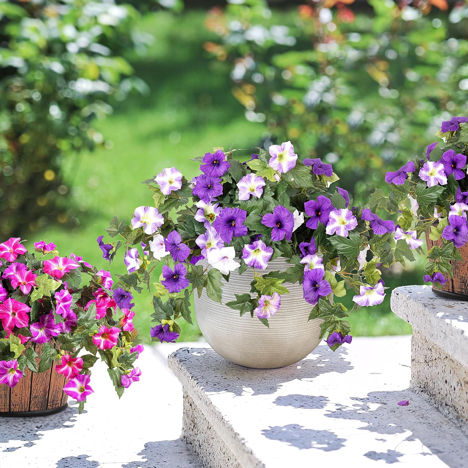 Artificial Fake Flowers Plants for Outdoor Decoration, 2PCS Faux Petunias Silk Flower UV Resistant No Fade for Home Outside Garden Balcony Yard Porch Realistic Indoor Decor (Purple White) - Image 4