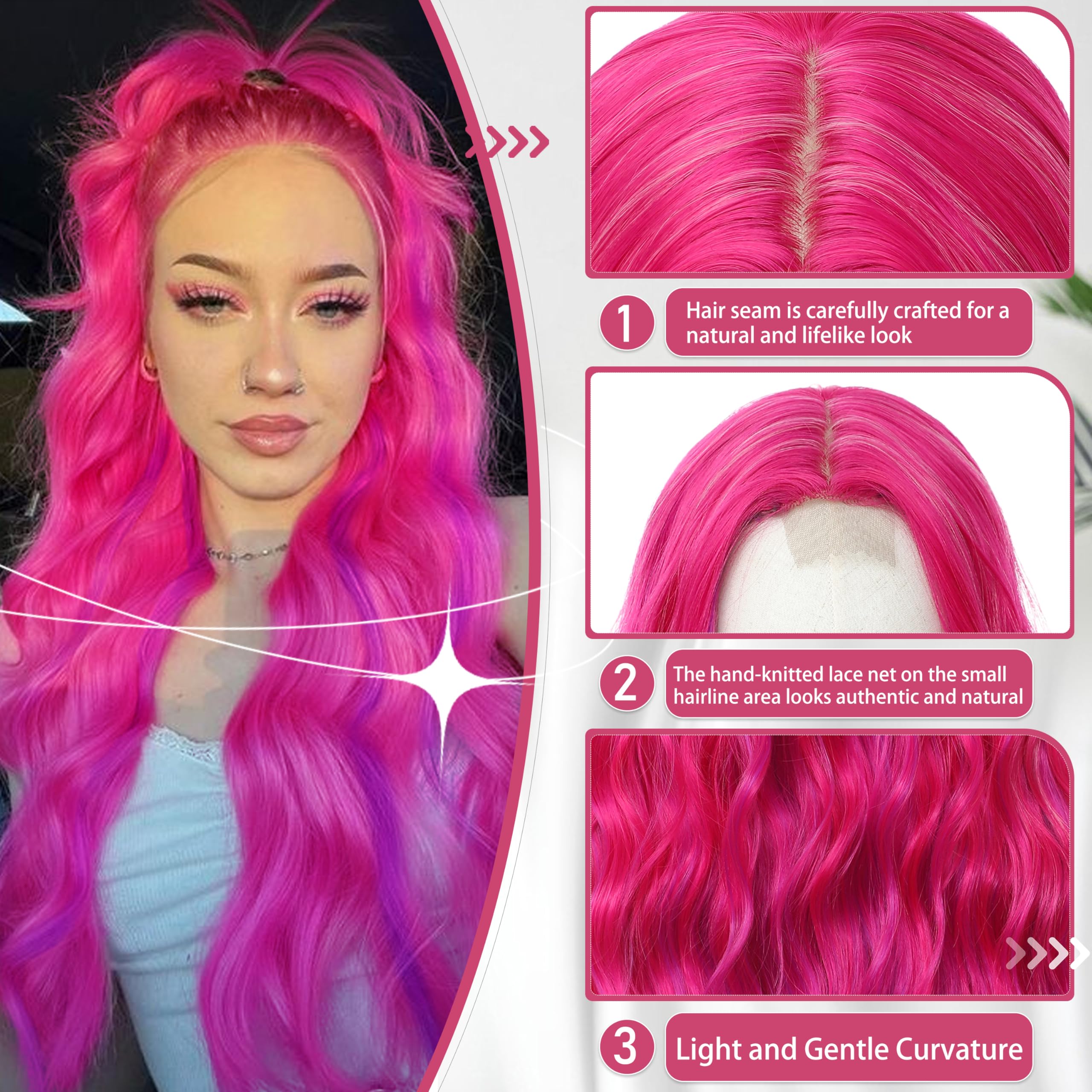 BUPPLER Cosplay Long Hot Pink mix Purple Wig 28 Inch Middle Part Synthetic Wig Realistic Gifts Party Wigs for Women Daily Use Colorful Wigs (Hot Pink mix Purple) - Image 4