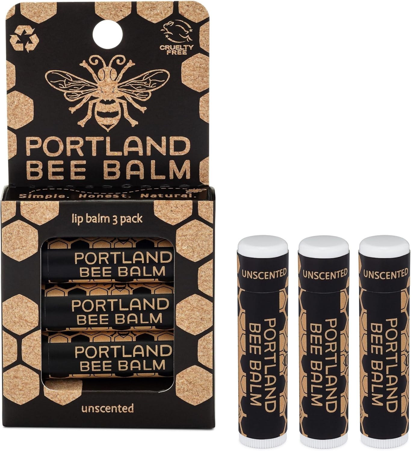 Portland Bee Balm All Natural Handmade Beeswax Based Lip Balm, Unscented 3 Count