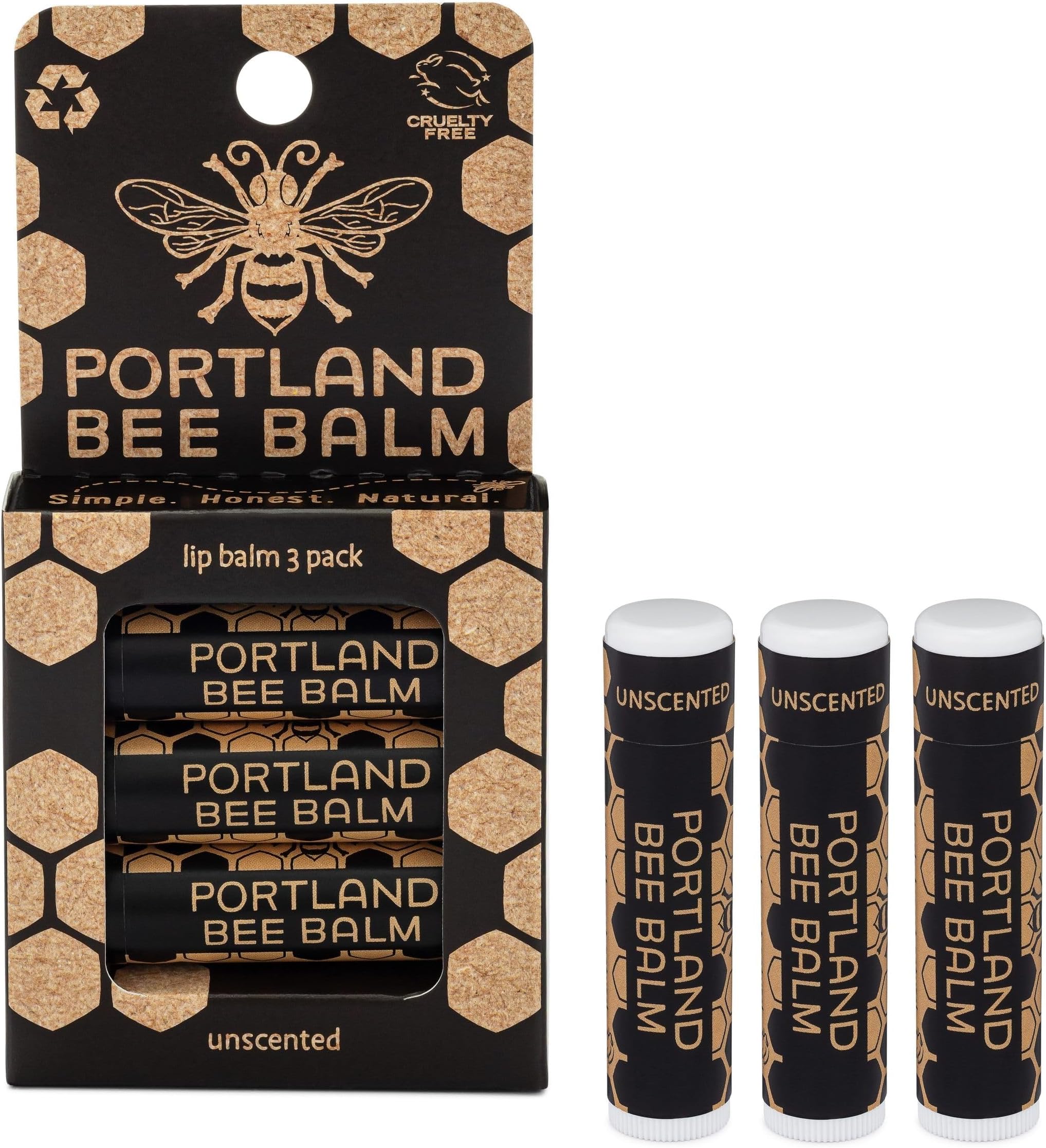 Portland Bee Balm All Natural Handmade Beeswax Based Lip Balm, Unscented 3 Count