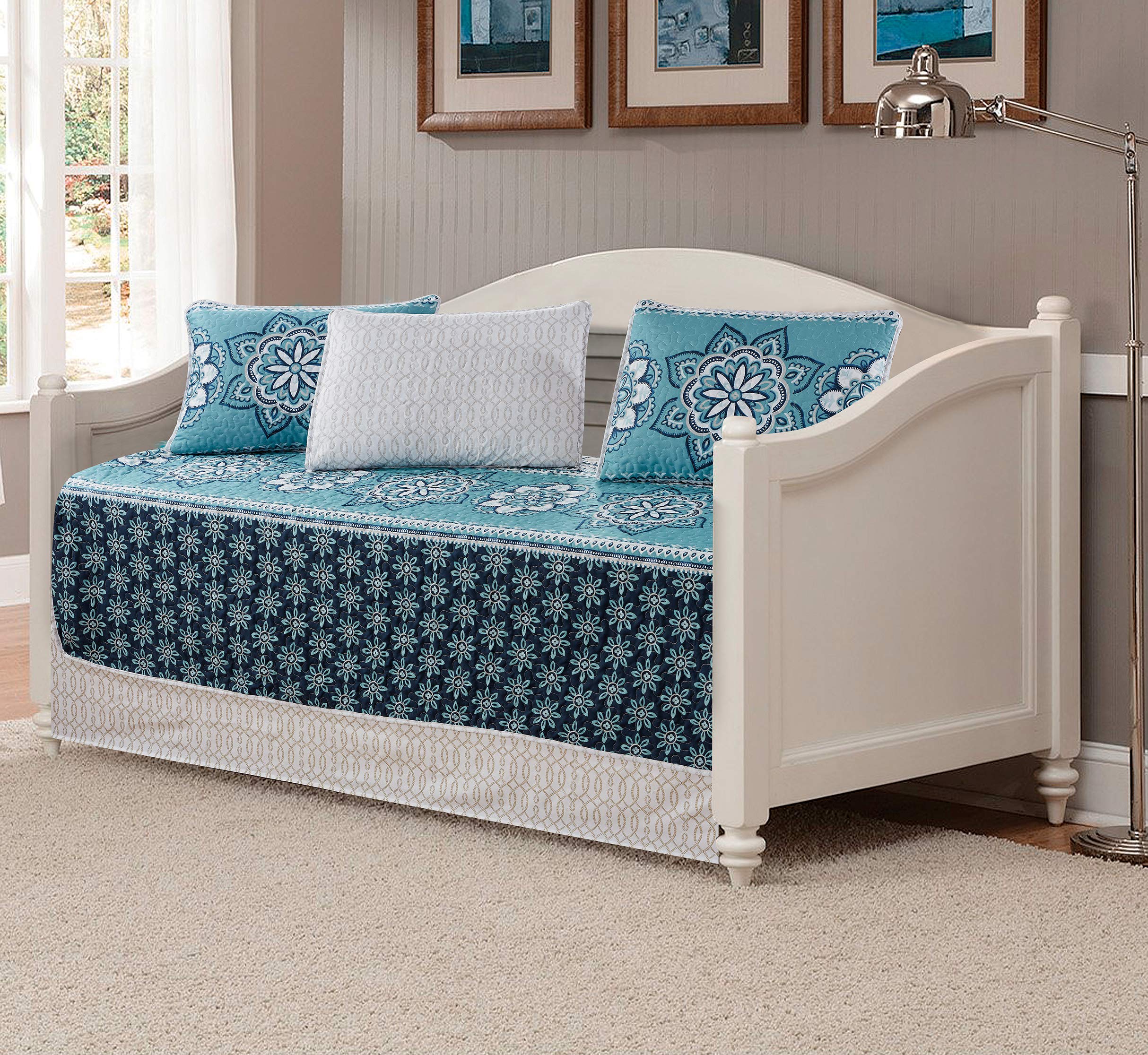 Home Collection 5pc Daybed Cover Set Quilted Bedspread Coverlet Floral Turquise Blue Navy Blue New # Diana