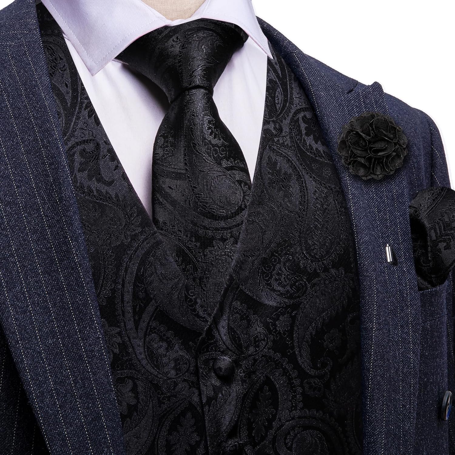 YOHOWA Mens Suit Vest Silk Tie Bowtie Set Paisley Jacquard Formal Waistcoat Clip Hanky Cufflinks Lapel Pin Wedding Party 8PCS - Image 3