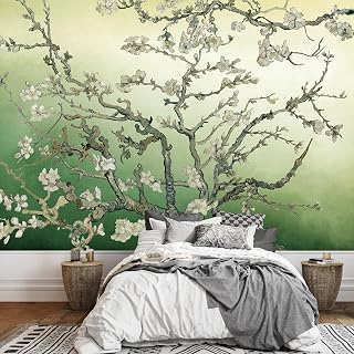 wall26 - Almond Blossom Painting by Vincent Van Gogh on a Green Watercolored Background - Wall Mural, Removable Sticker, Home Decor - 100x144 inches